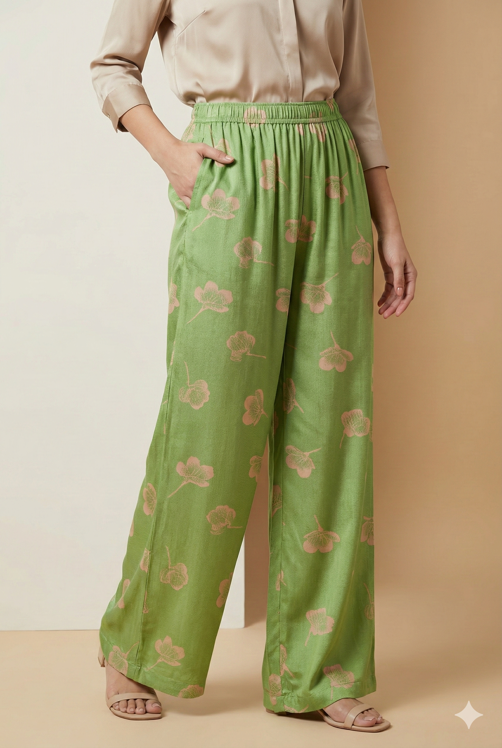Pistachio Green Floral Print Elastic Waist Palazzo - 26281