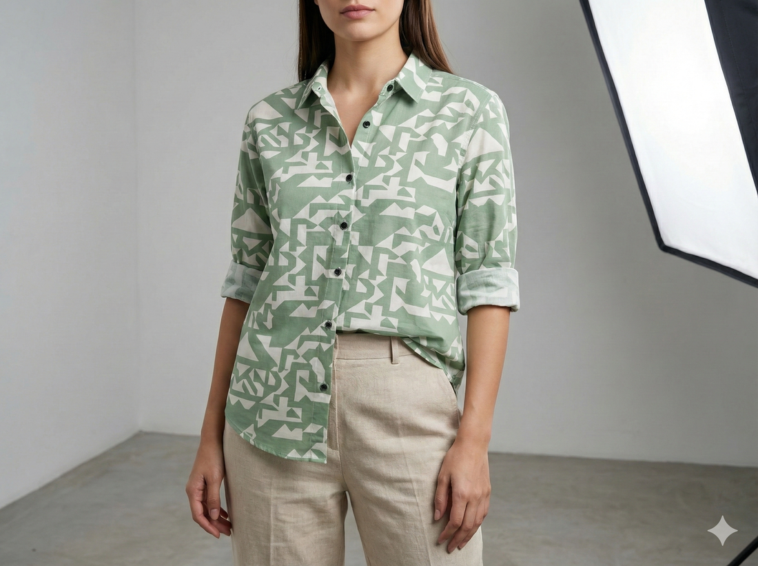 Women’s Sage Green & White Abstract Print Full Sleeve Shirt - 25467