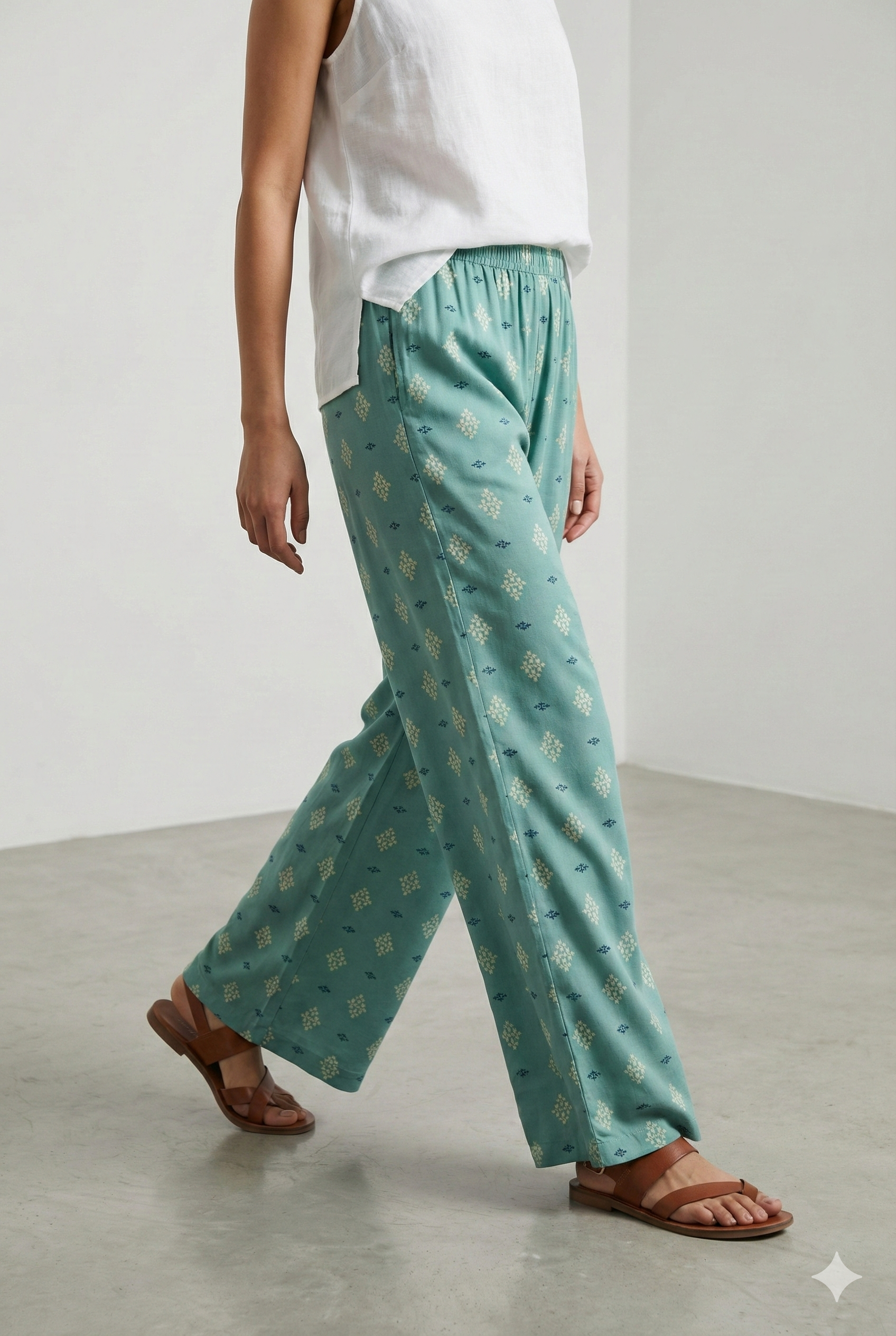 Sky Blue Ethnic Motif Print Elastic Waist Palazzo - 26343