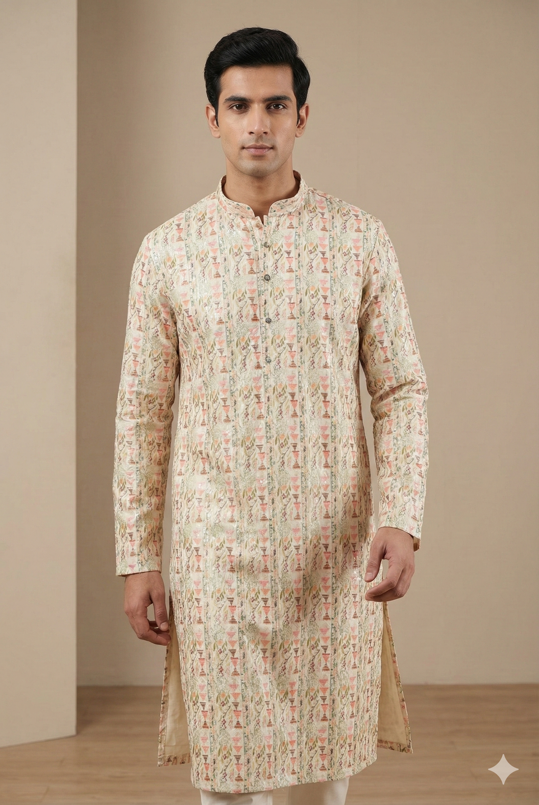 Men’s Ivory Peach Printed Kurta Pajama - 26397