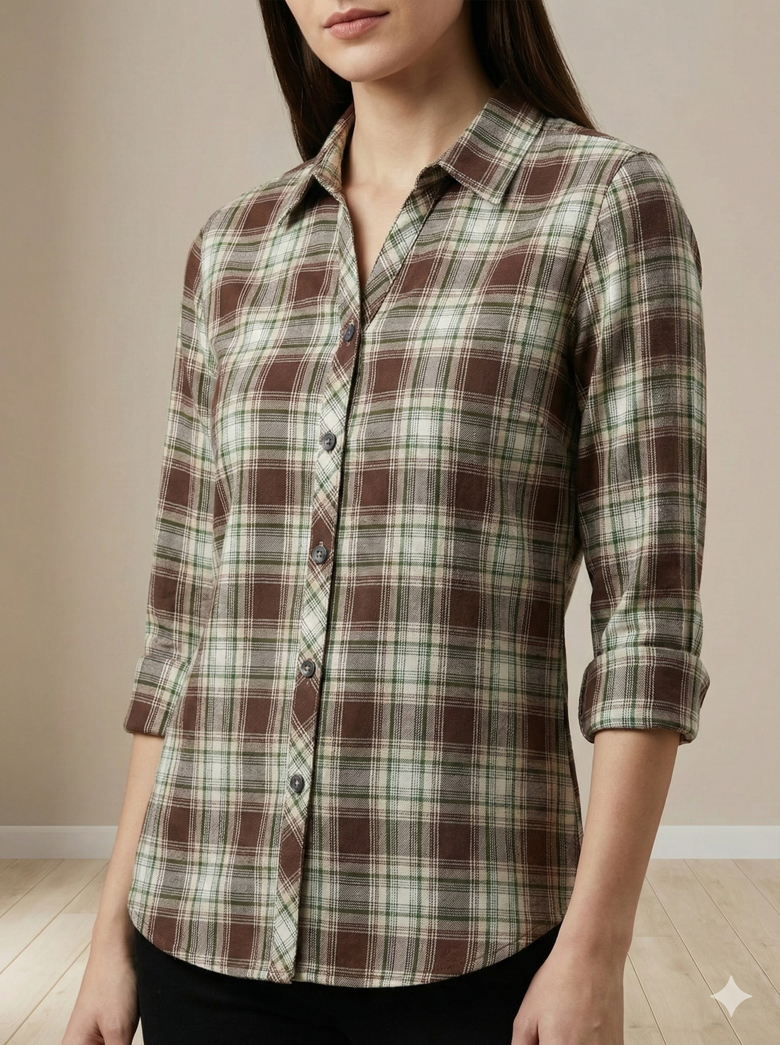 Women’s Brown & Green Checked Casual Shirt – 25224