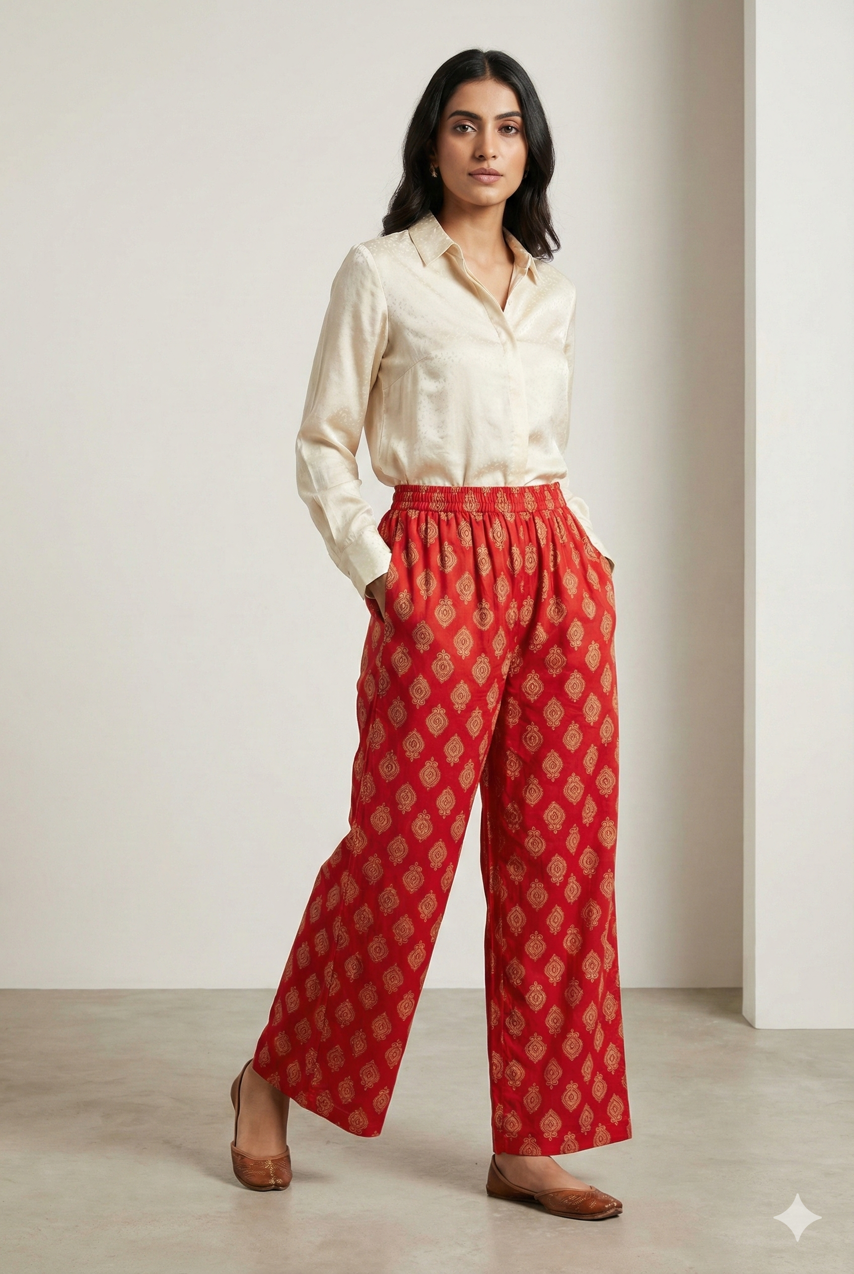 Red Ethnic Motif Print Elastic Waist Palazzo - 26290
