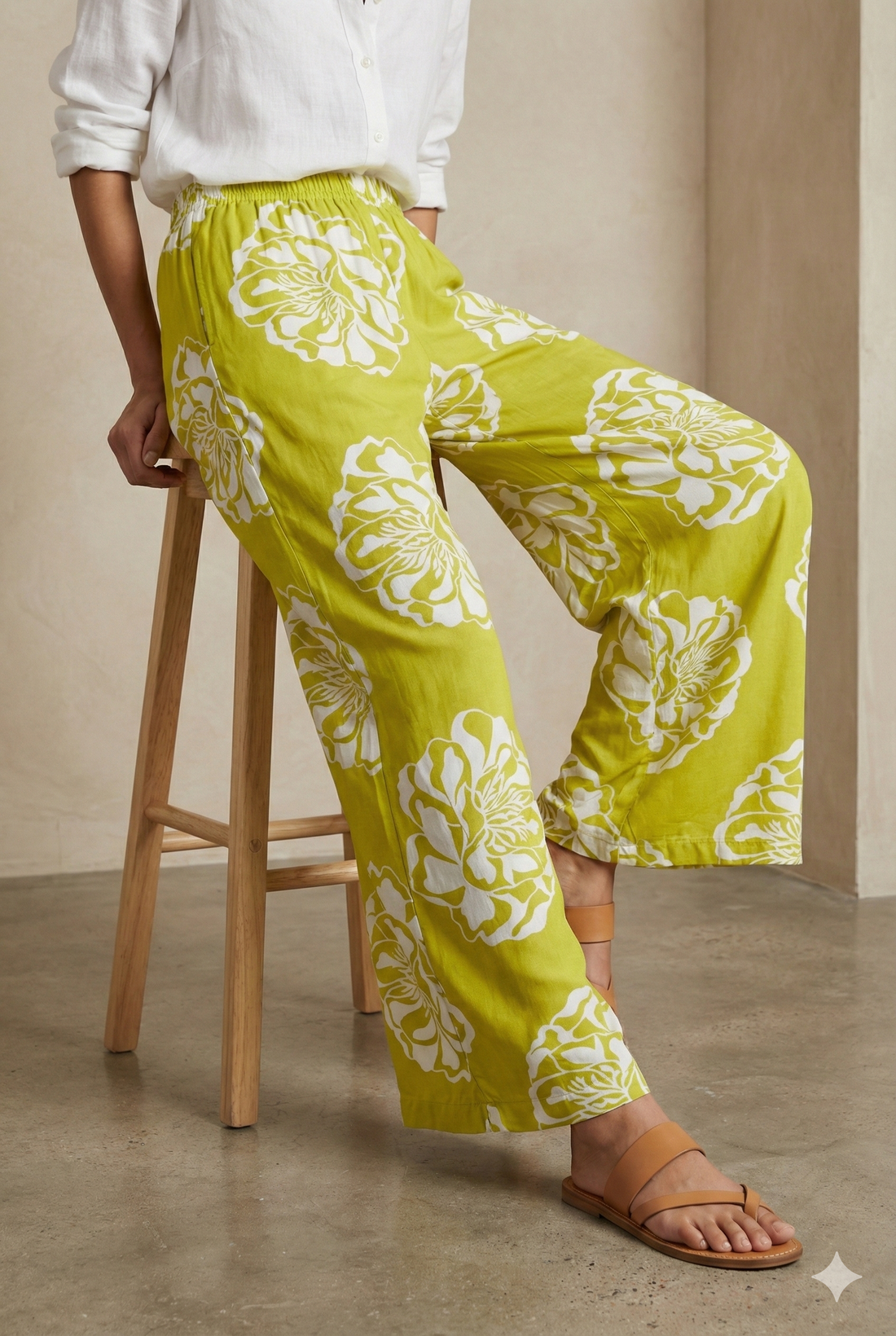 Olive Green Floral Printed Cotton Palazzo - 26354