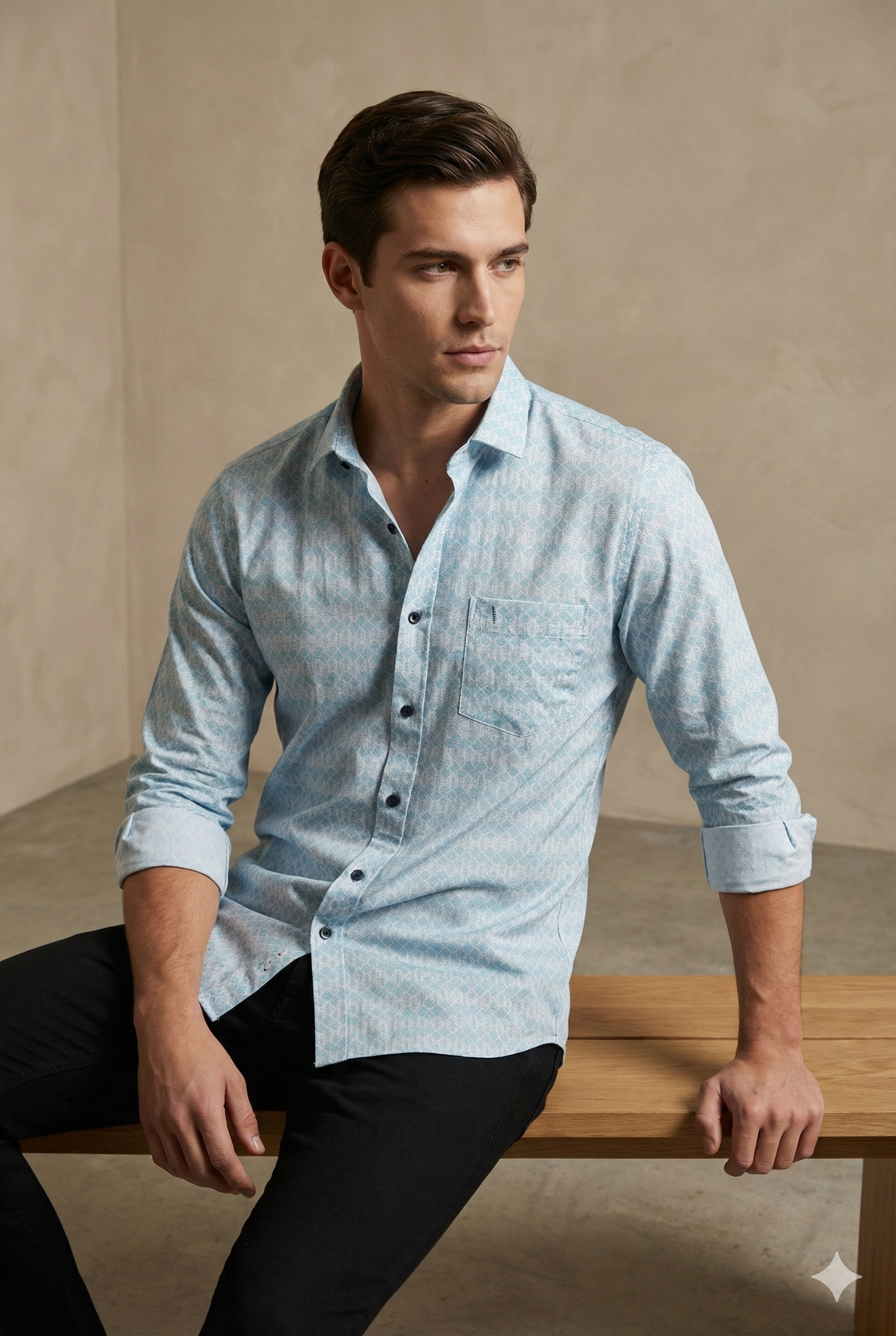 Men’s Premium Light Blue Geometric Print Formal Shirt - 25502