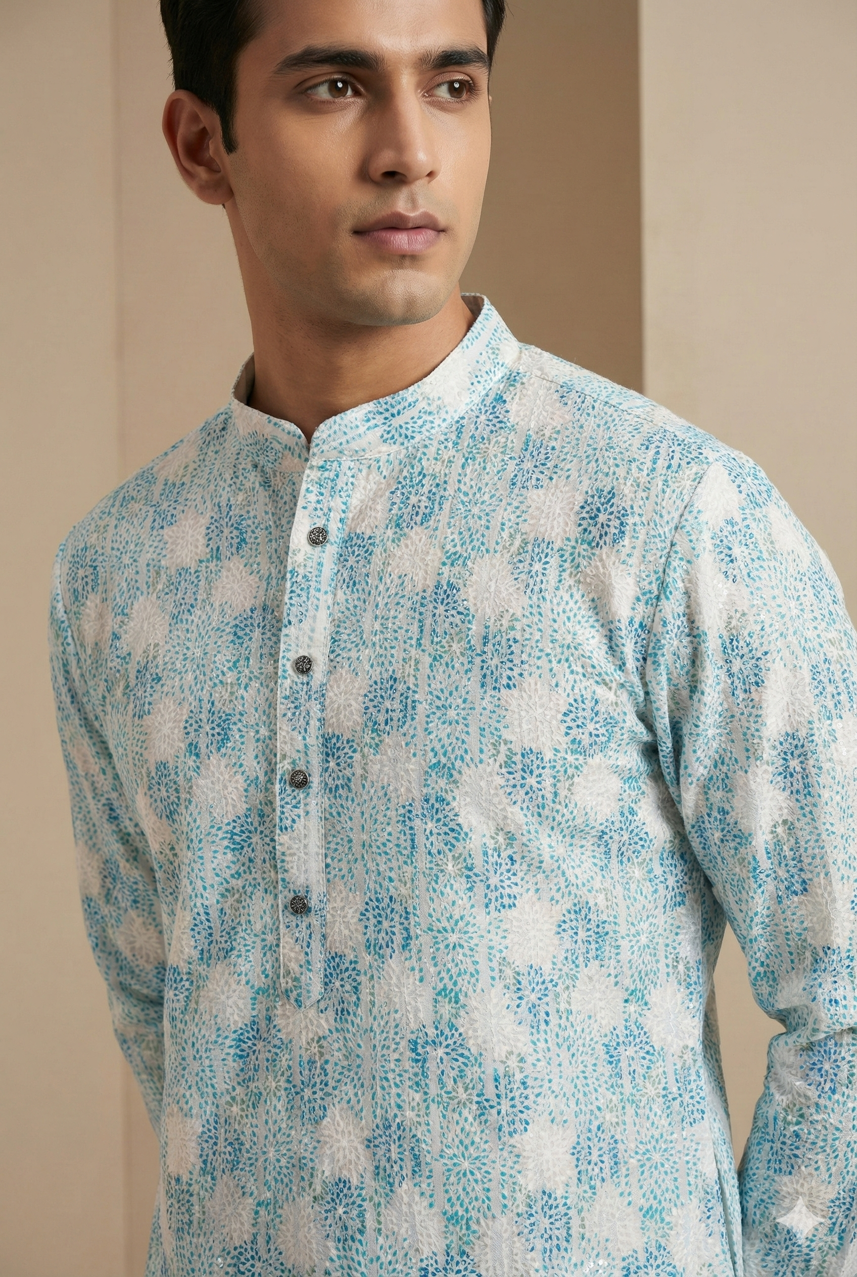 Aqua Blue & White Embroidered Sequin Work Cotton Kurta for Men - 26409