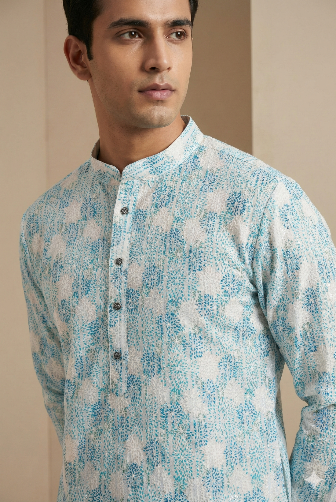 Aqua Blue & White Embroidered Sequin Work Cotton Kurta for Men - 26409