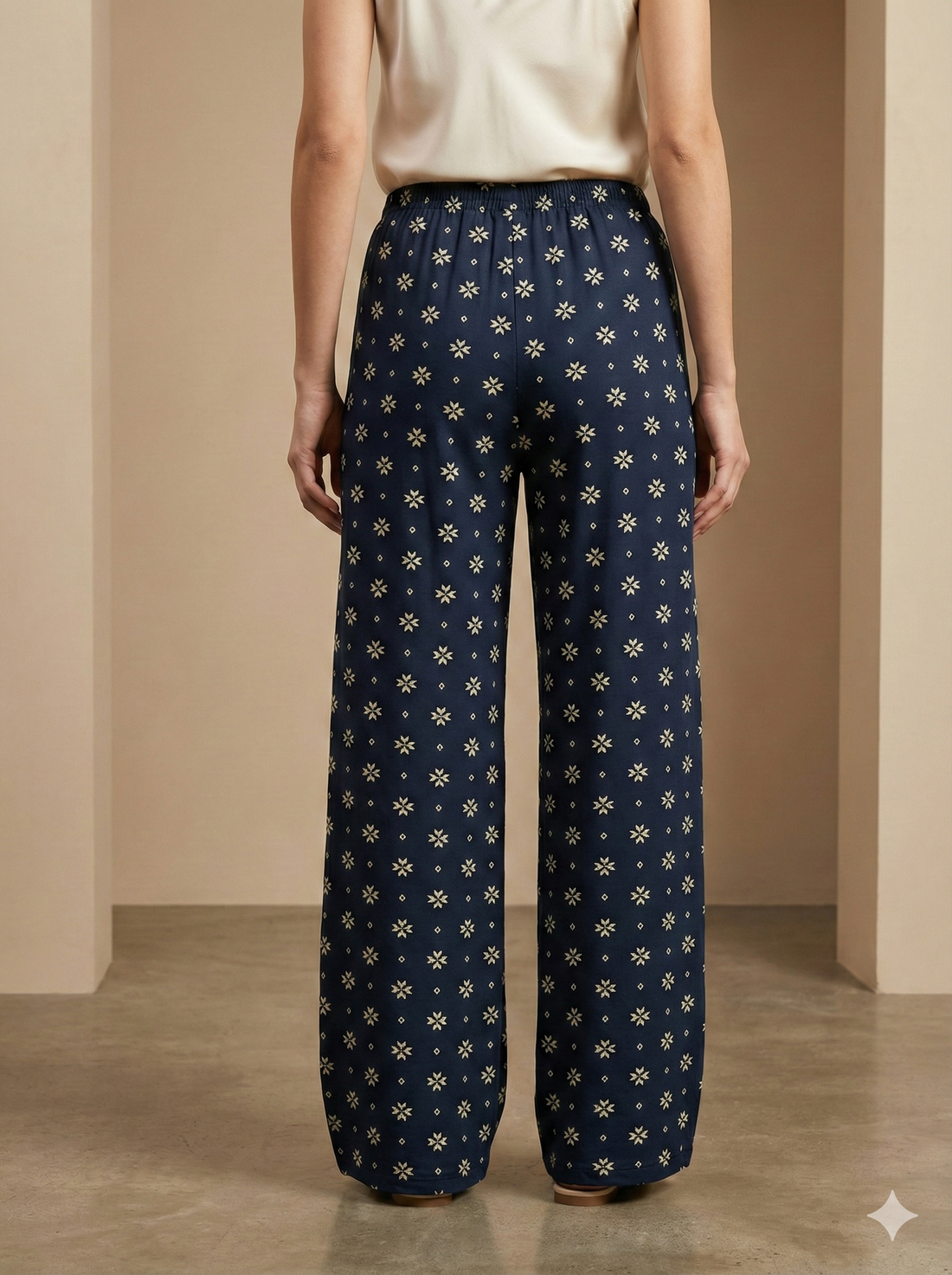 Navy Blue Star Motif Printed Cotton Palazzo - 26361