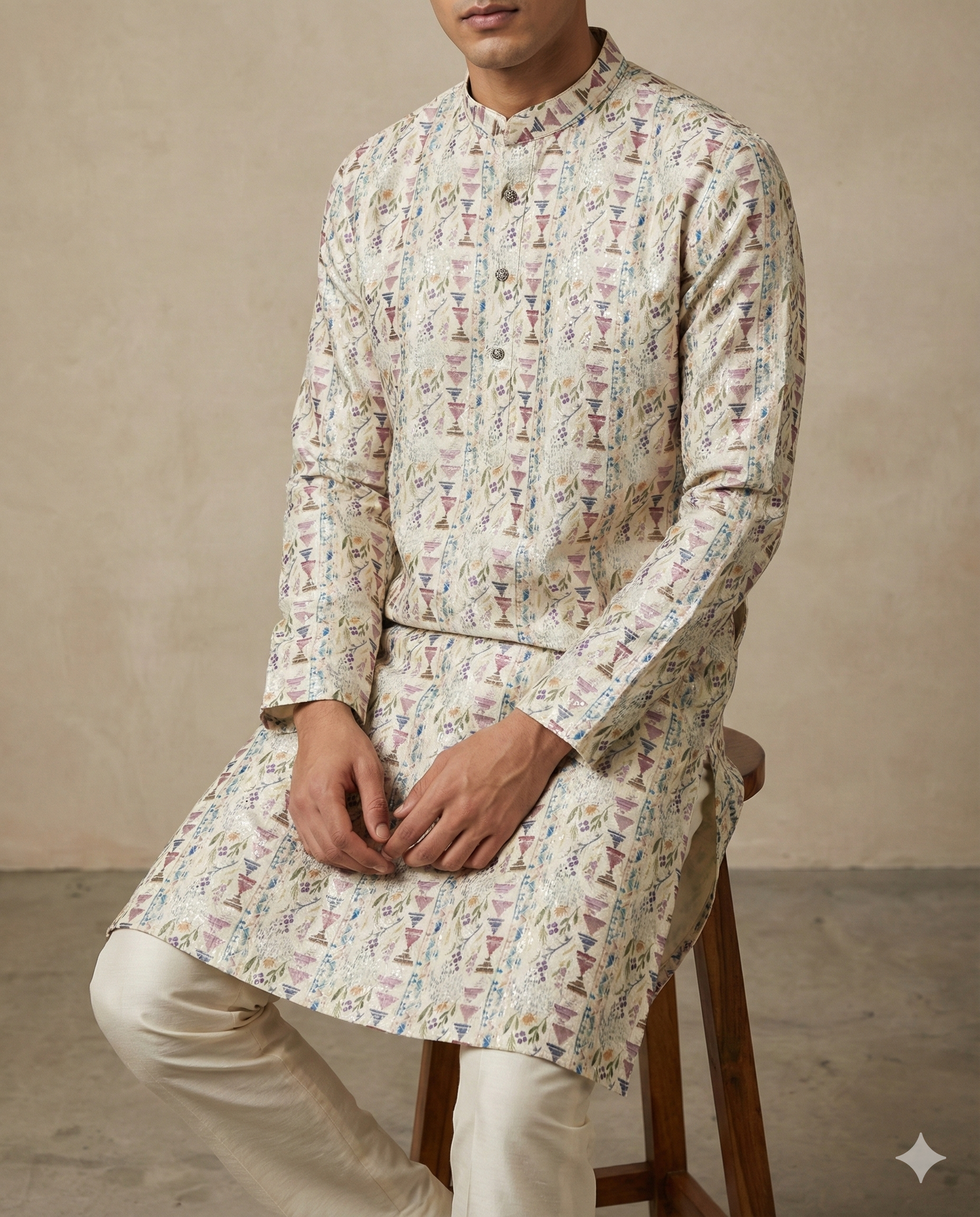 Men’s Ivory Printed Kurta Pajama -  26396