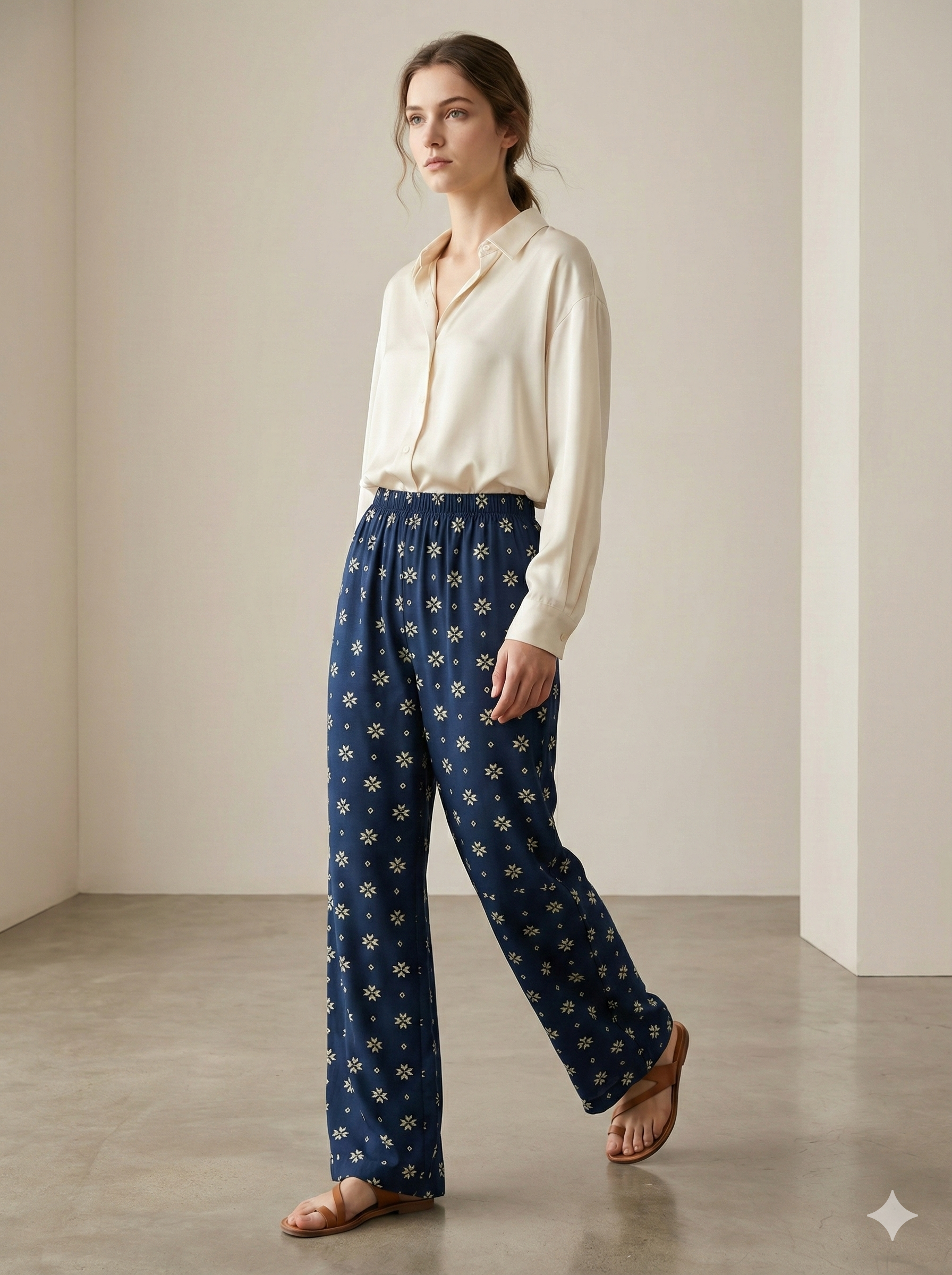 Navy Blue Star Motif Printed Cotton Palazzo - 26361