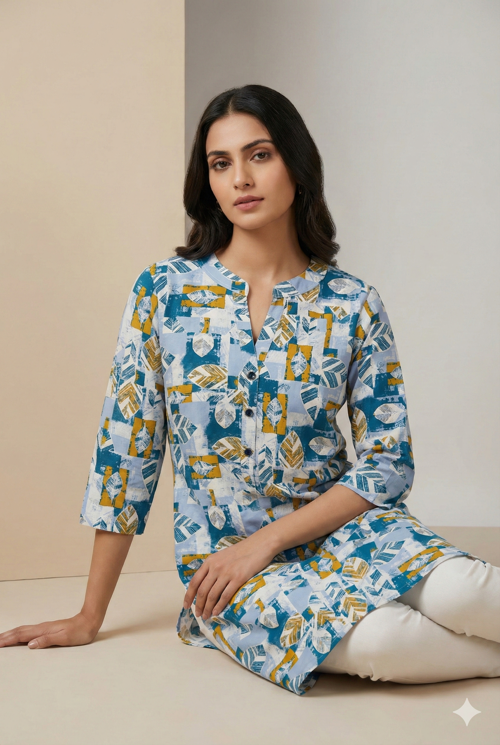 Women’s Teal & Mustard Leaf Print Cotton Kurti  25008