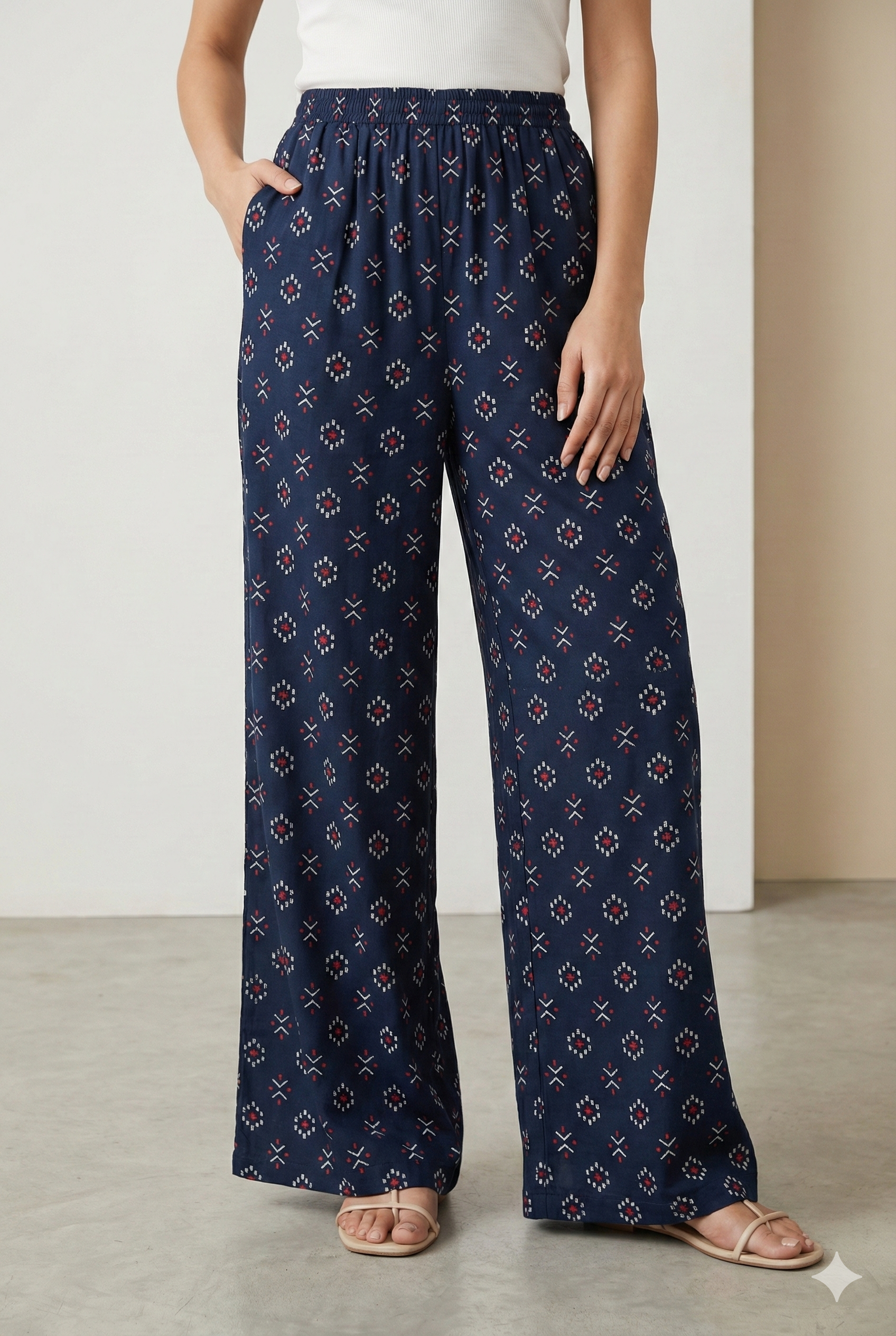 Navy Blue Geometric Printed Cotton Palazzo - 26353