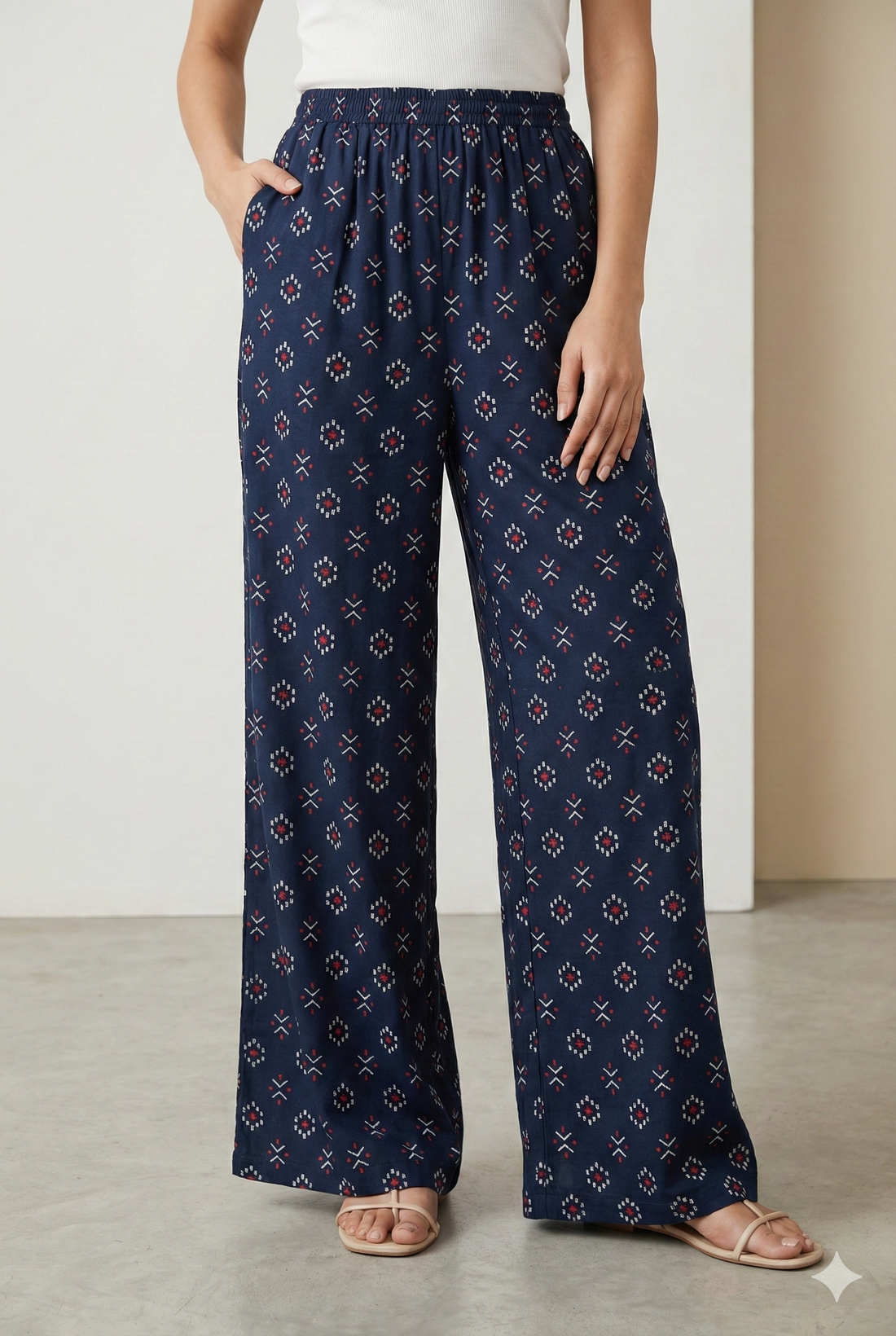 Navy Blue Geometric Printed Cotton Palazzo - 26353