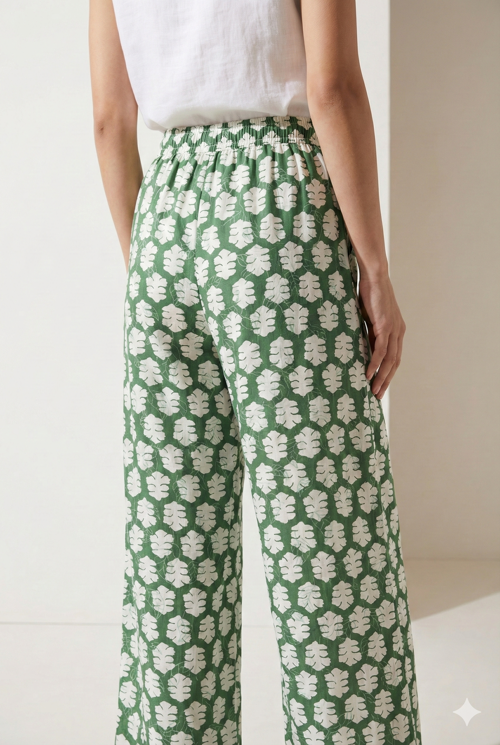 Green Tropical Leaf Print Elastic Waist Palazzo Pants - 26344
