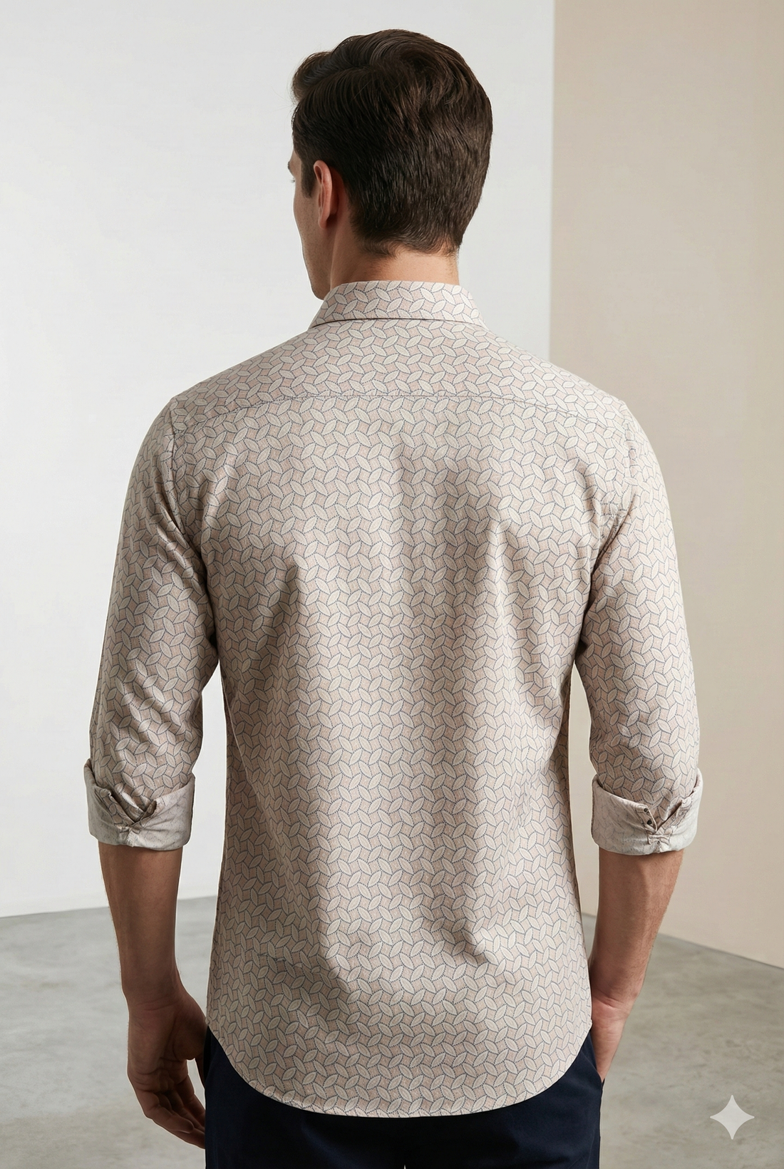 Men’s Premium Printed Cotton Shirt – Soft Peach & White Geometric Pattern - 25503