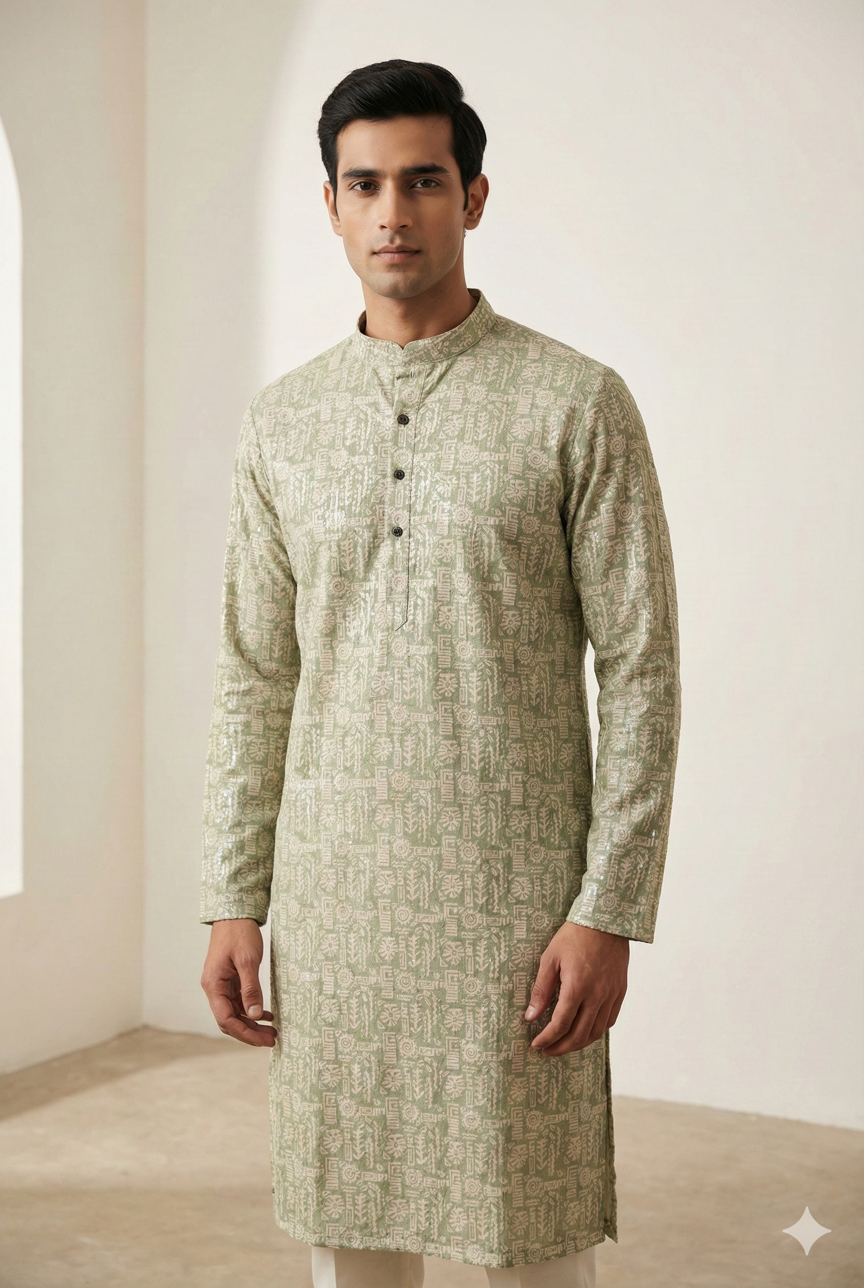 Men’s Sage Green Printed Kurta Pajama - 26407