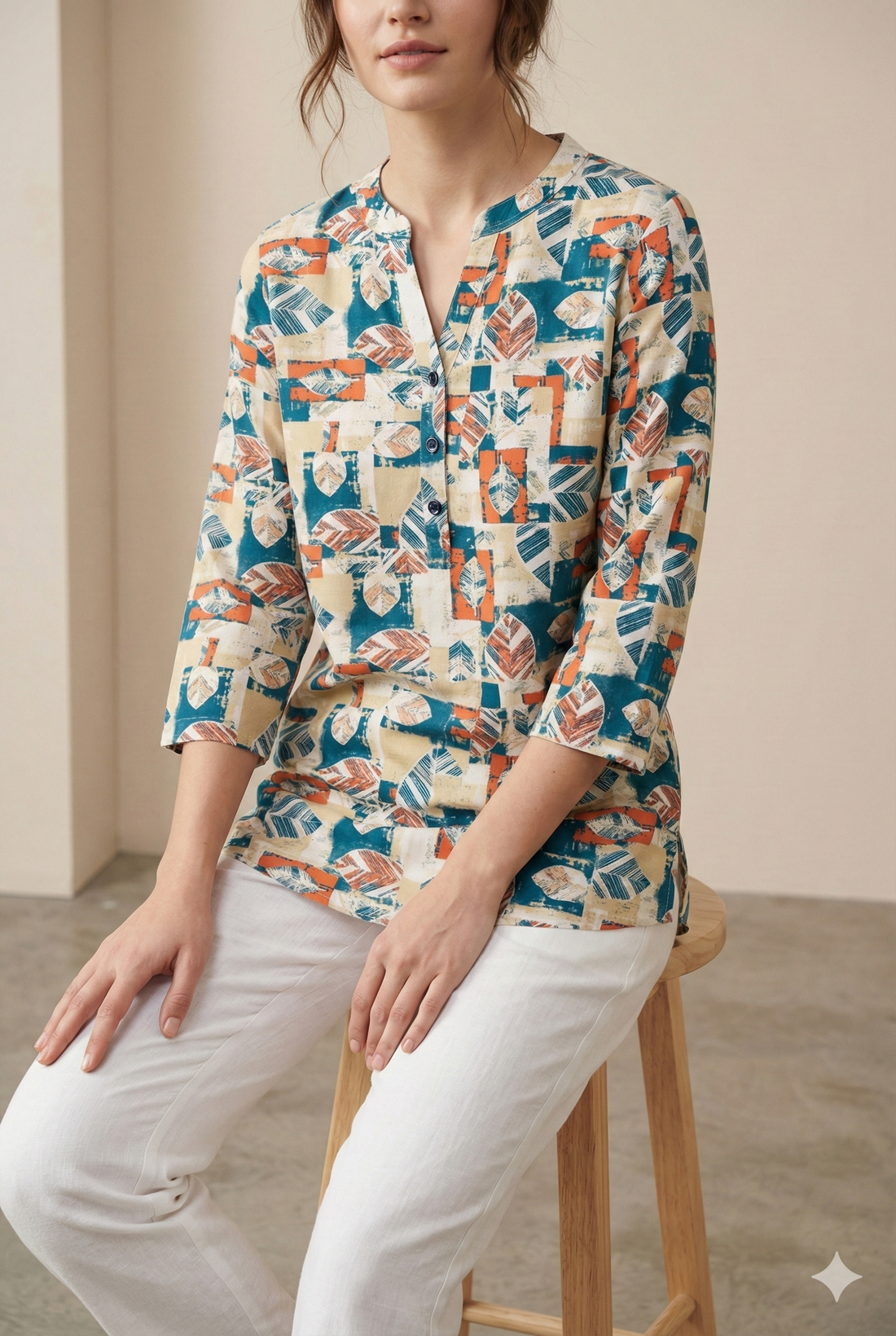 Women’s Abstract Leaf-Print Short Kurti - 25007