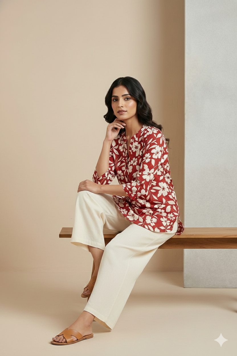 Women’s Red & Ivory Floral Printed Kurti - 26009