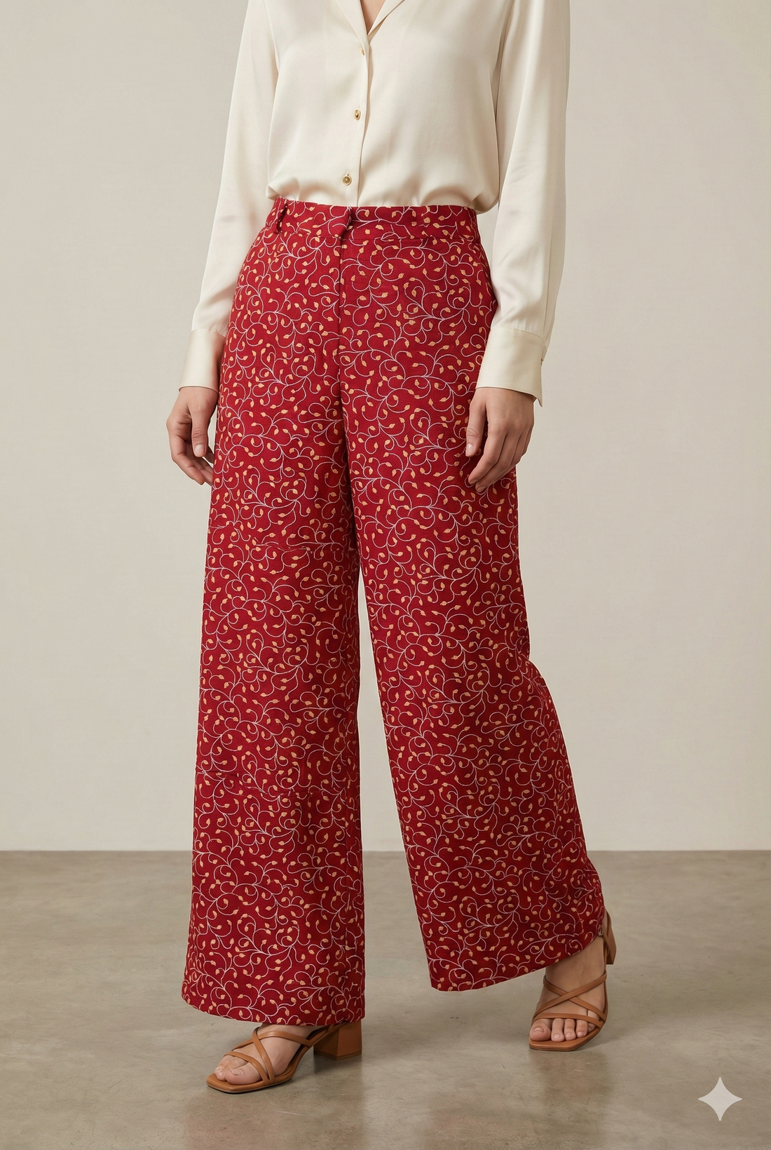 Maroon Printed Palazzo Pants with Leaf Vine Design - 26285