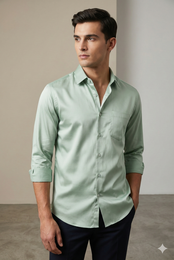 Men’s Solid Cotton Satin Formal Shirt – Mint Green - 26494
