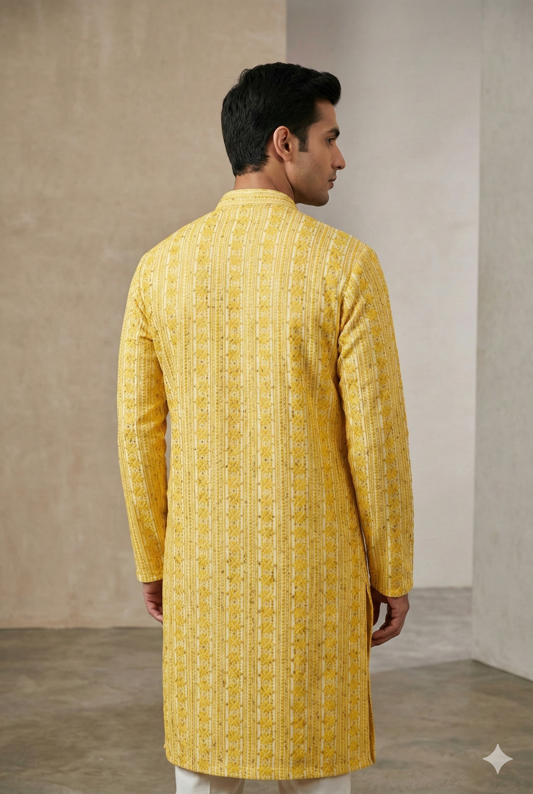 Mustard Yellow Sequin & Thread Embroidered Long Kurta - 26413