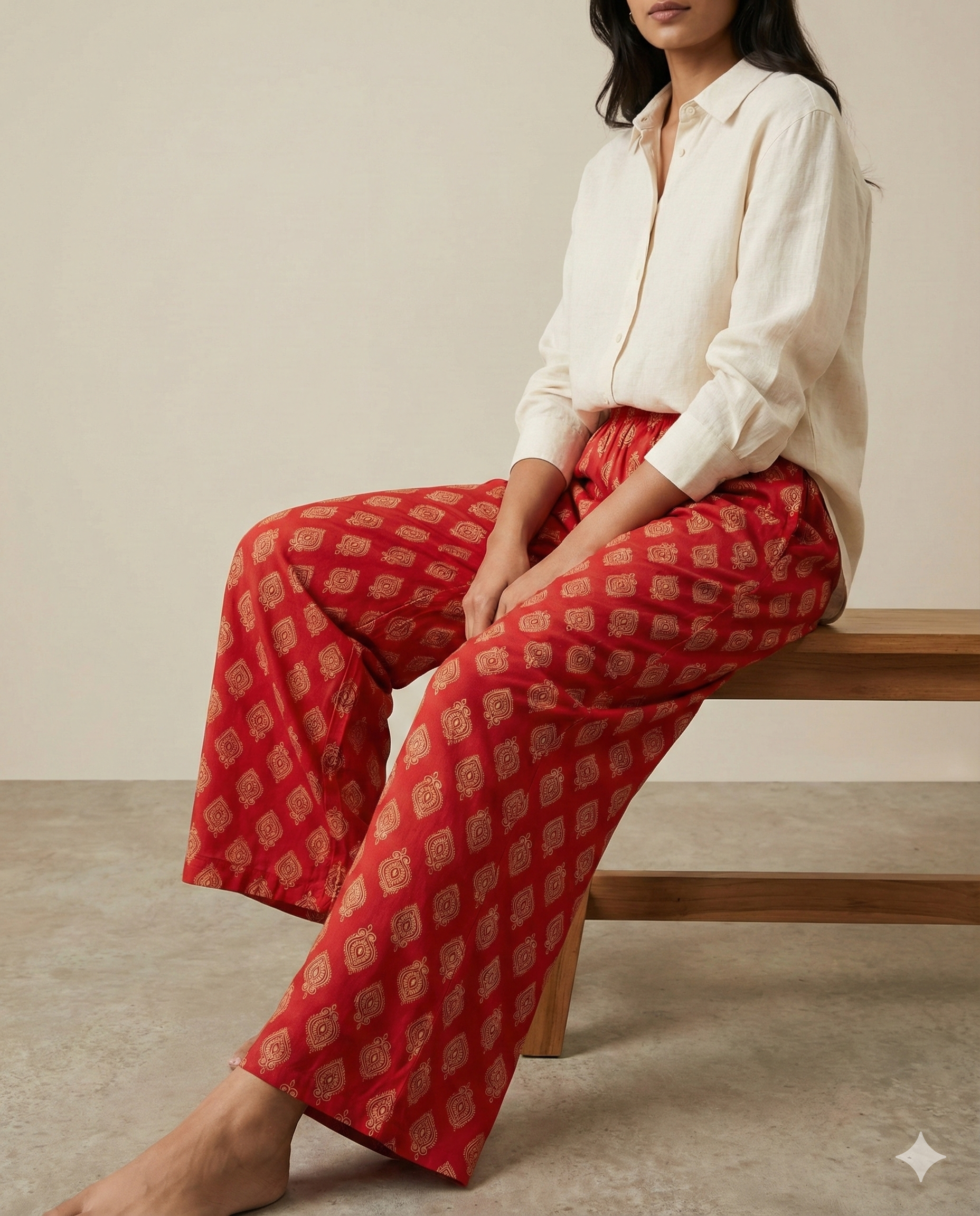 Red Ethnic Motif Print Elastic Waist Palazzo - 26290