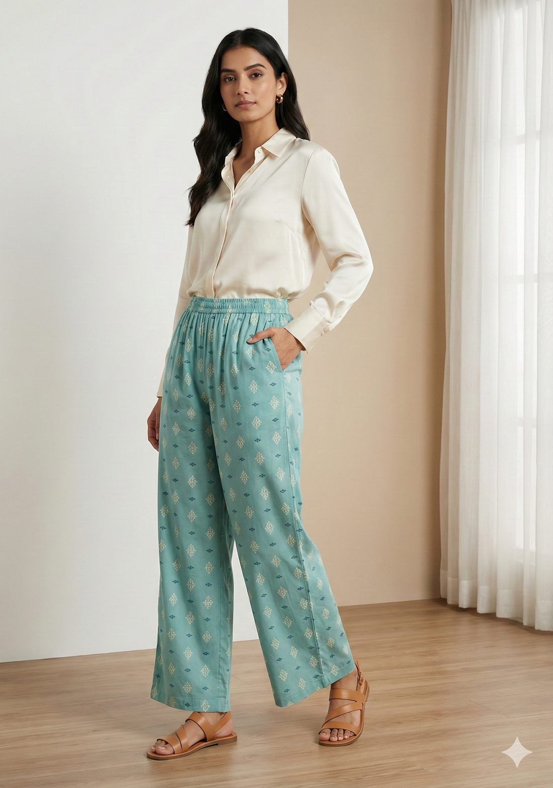 Sky Blue Ethnic Motif Print Elastic Waist Palazzo - 26343
