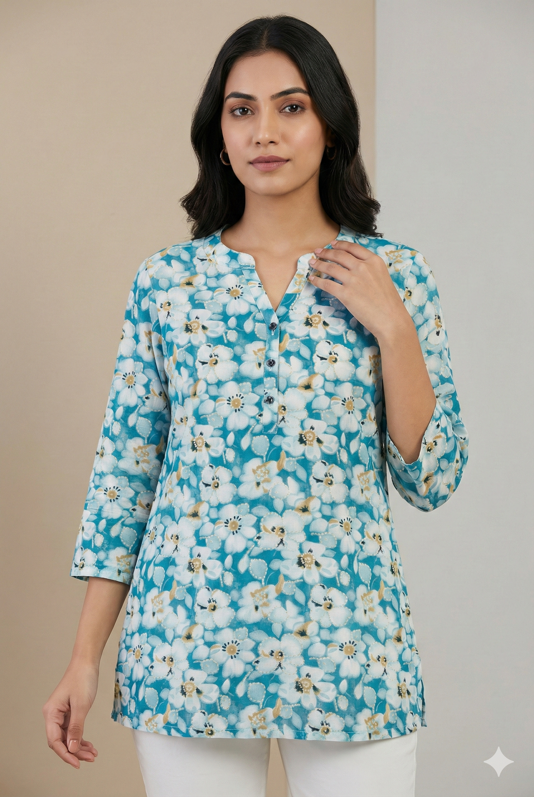 Sky Blue Floral Printed Short Kurti for Women - 25359