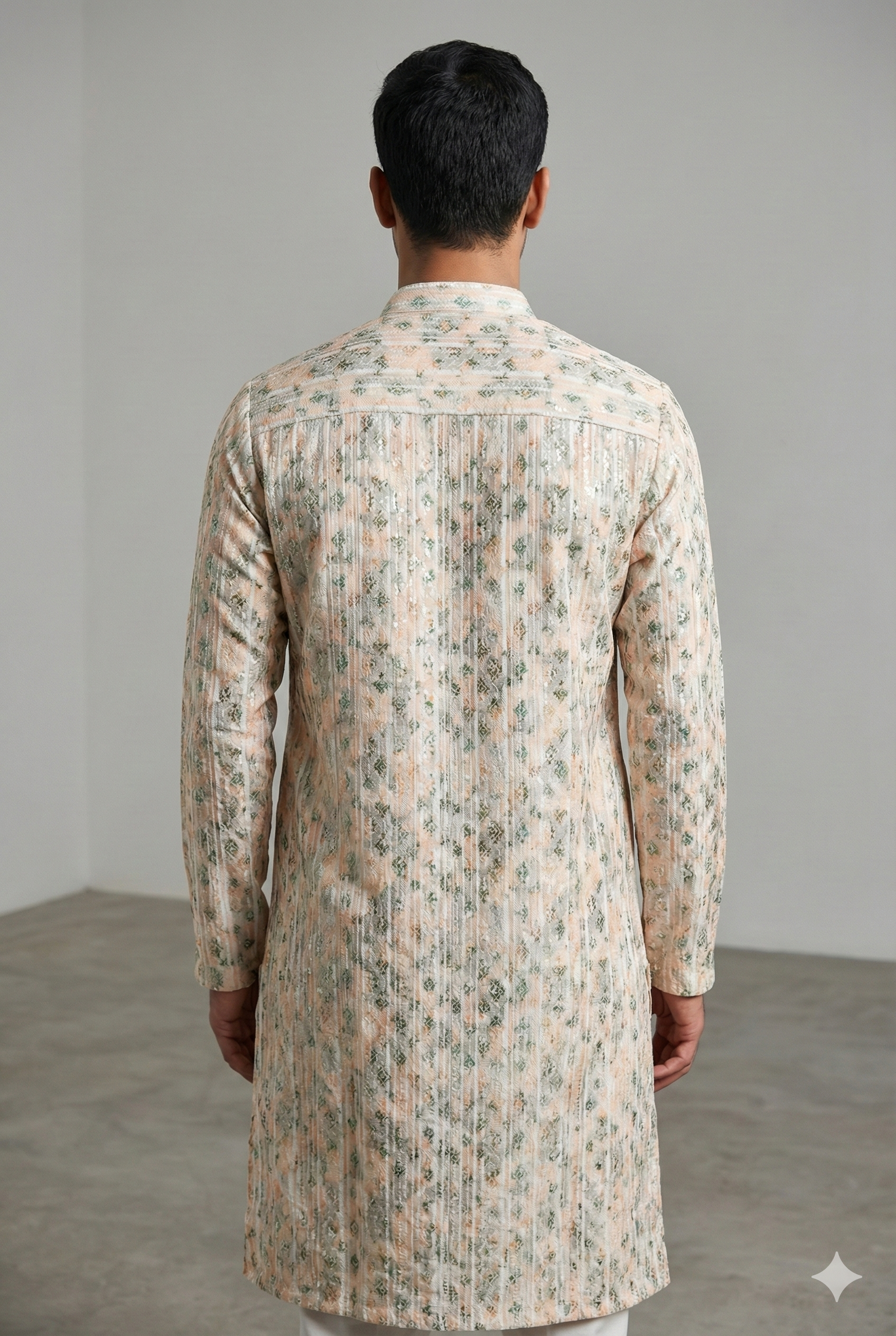 Men’s Pastel Ivory & Green Printed Textured Kurta Pajama - 26403