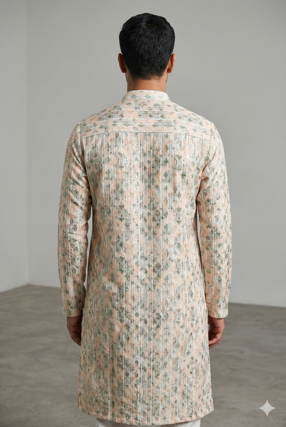 Men’s Pastel Ivory & Green Printed Textured Kurta Pajama - 26403