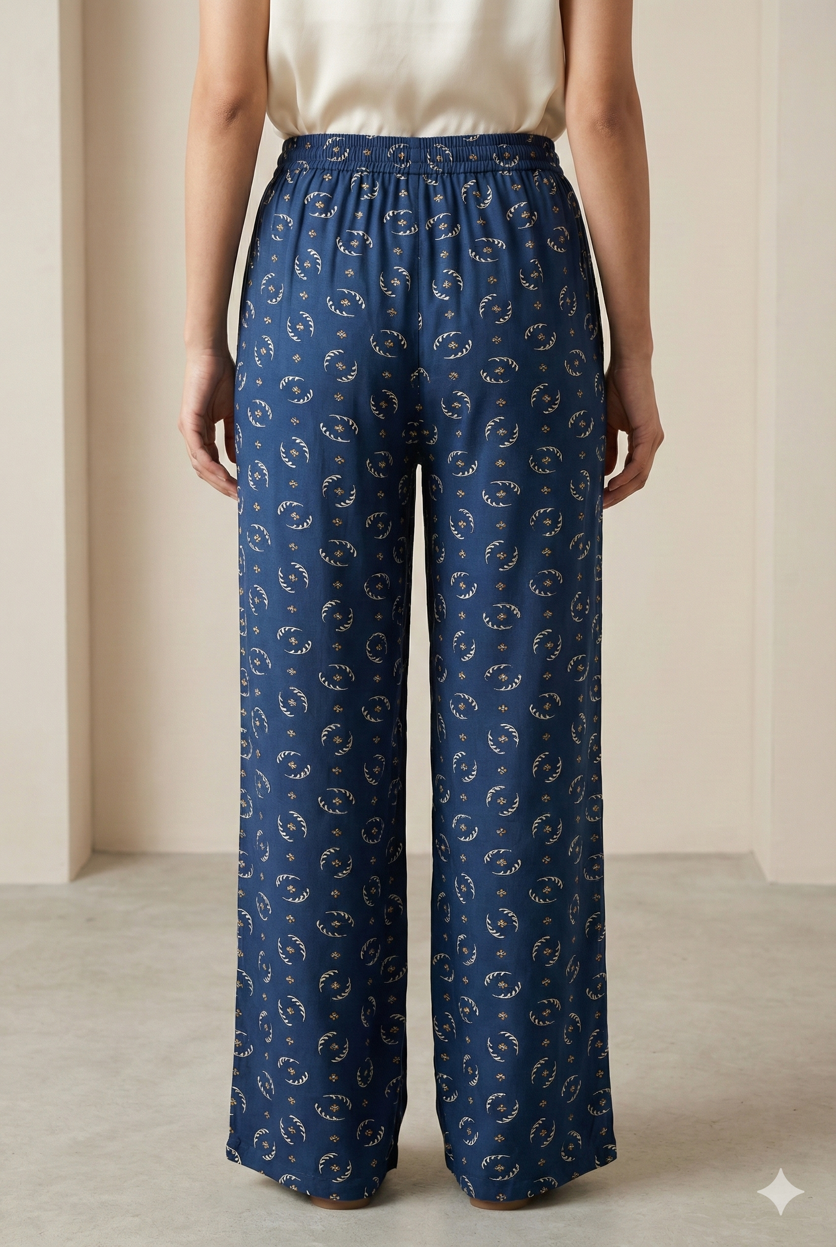 Navy Blue Ethnic Print Cotton Palazzo - 26349