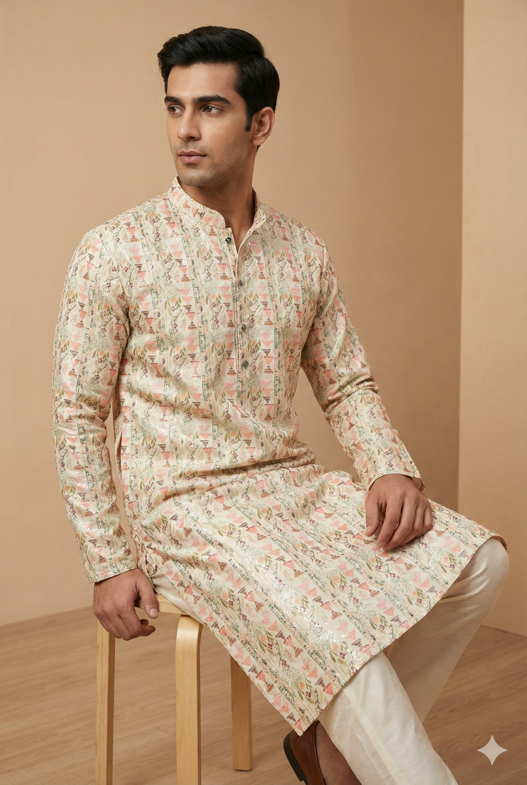 Men’s Ivory Peach Printed Kurta Pajama - 26397