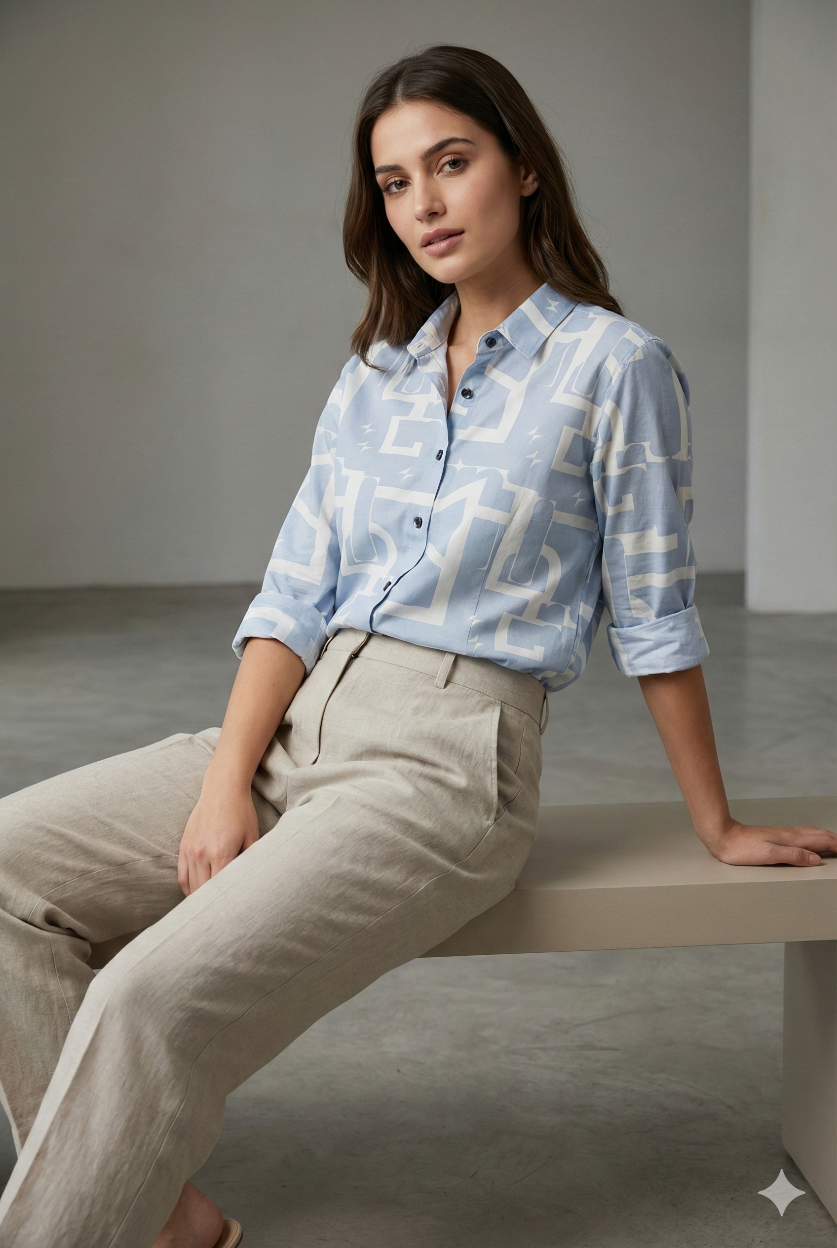 Women’s Geometric Print Button-Down Shirt – Soft Blue & White Casual Wear - 25463