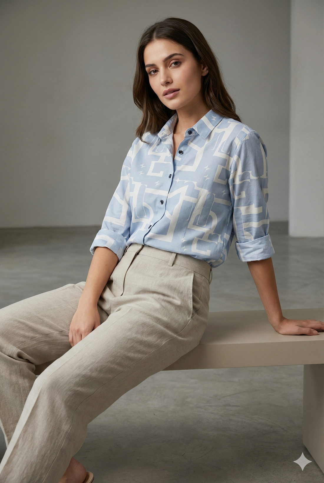 Women’s Geometric Print Button-Down Shirt – Soft Blue & White Casual Wear - 25463