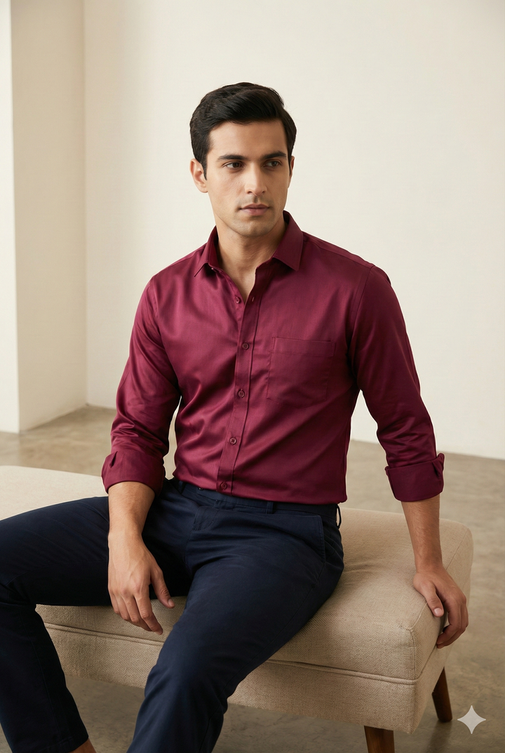 Premium Solid Cotton Satin Maroon Formal Shirt – Classic Fit - 26497