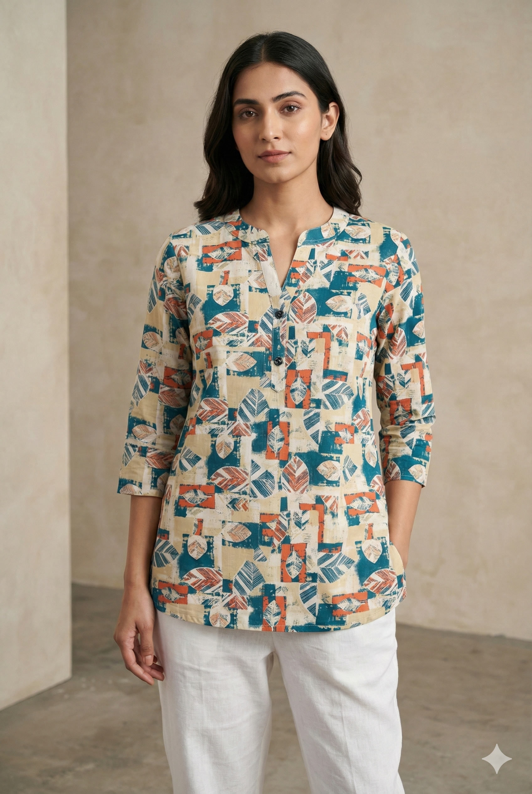 Women’s Abstract Leaf-Print Short Kurti - 25007