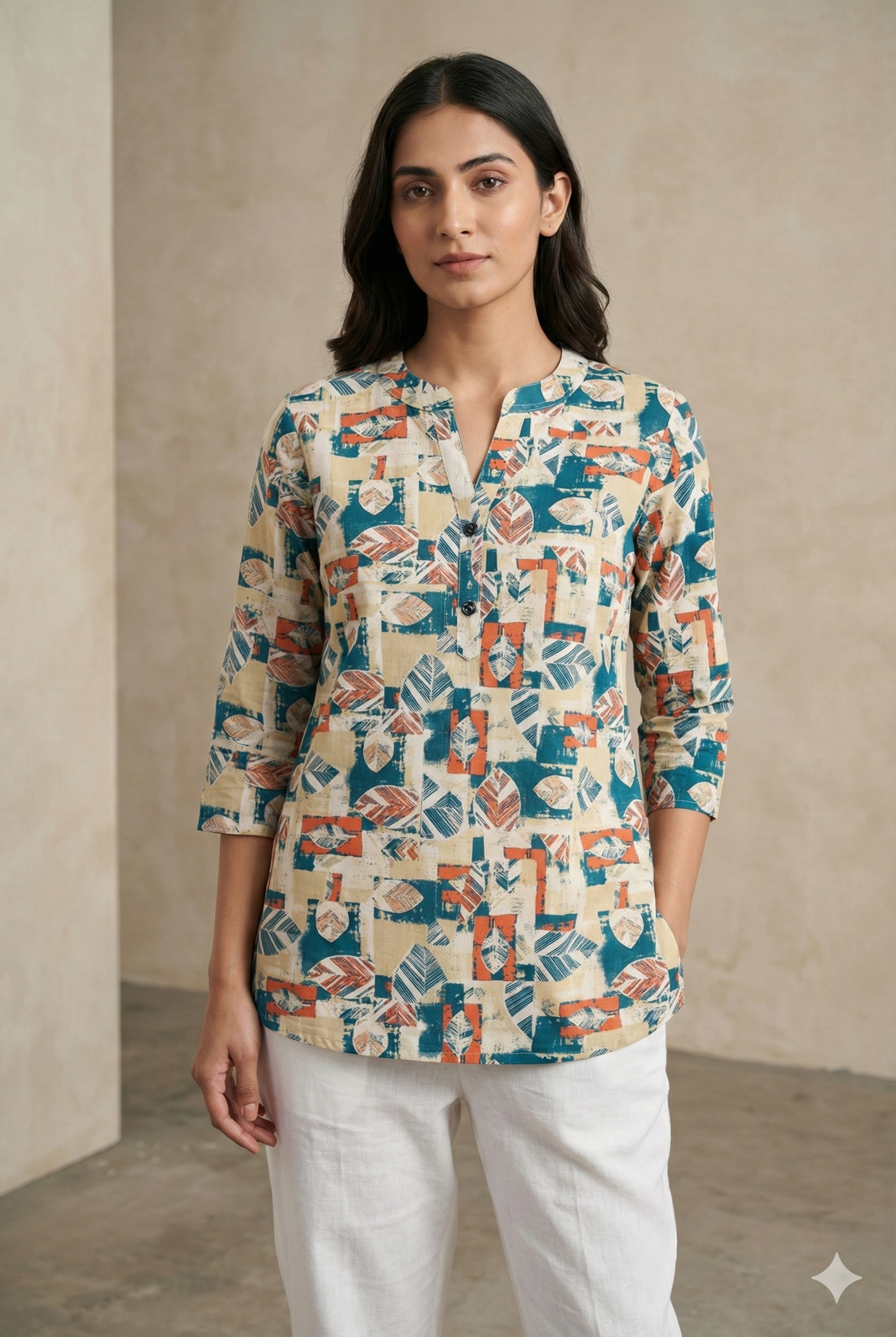 Women’s Abstract Leaf-Print Short Kurti - 25007