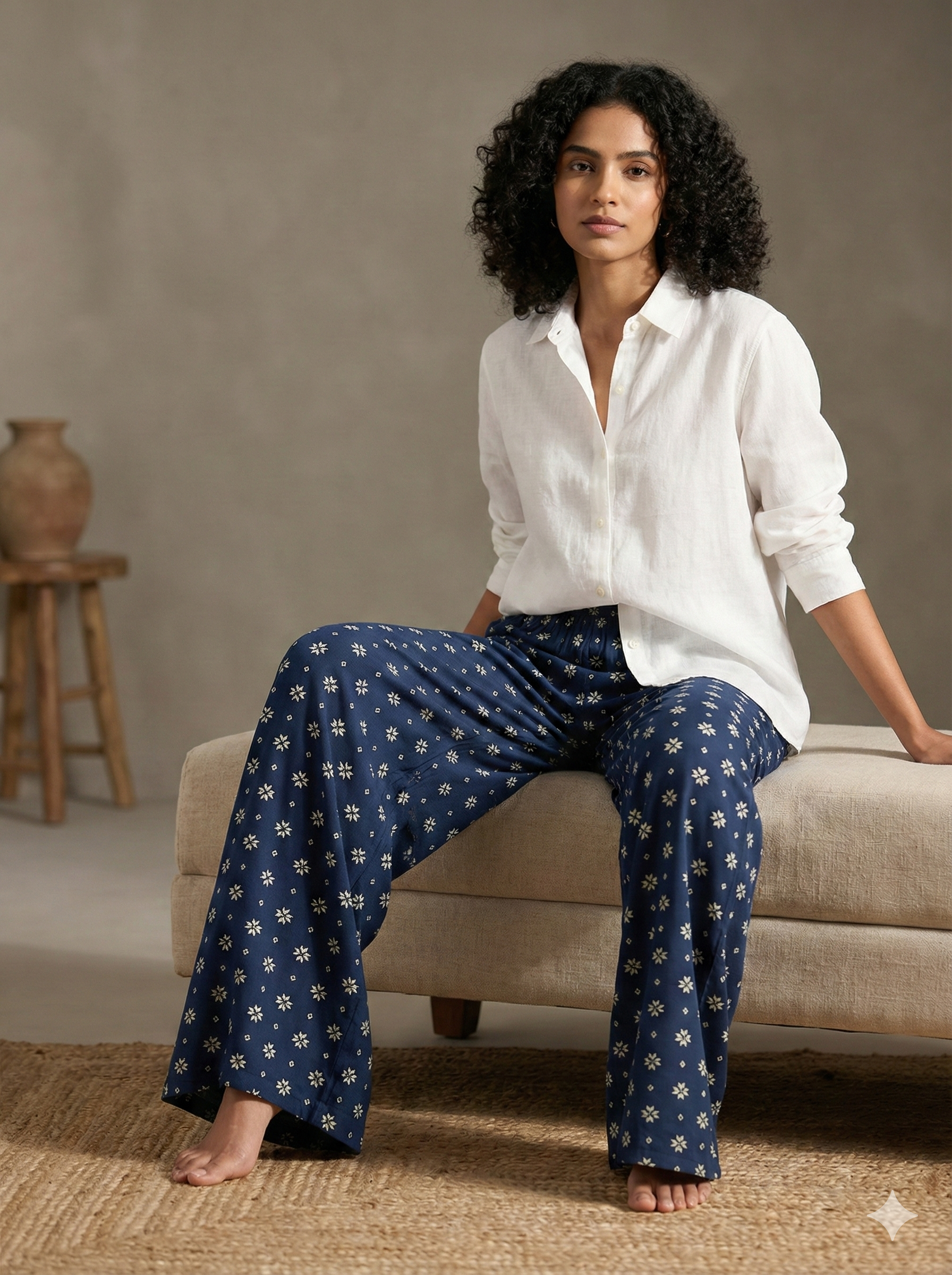 Navy Blue Star Motif Printed Cotton Palazzo - 26361