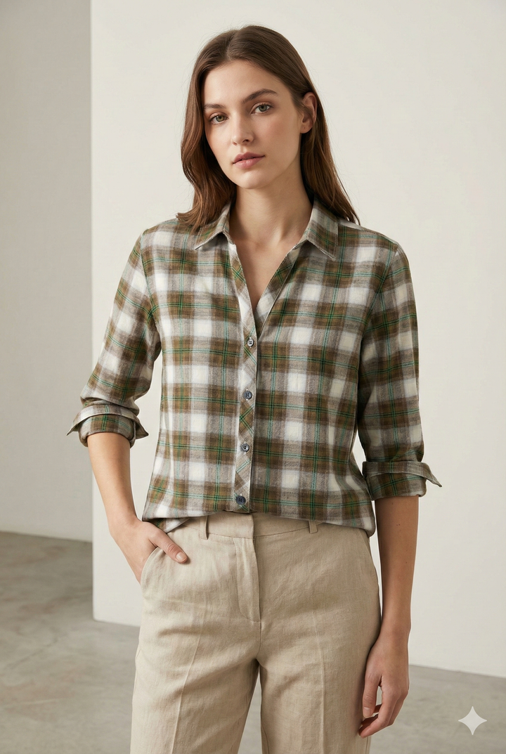 Women's Green Checkered Casual Shirt - 25193