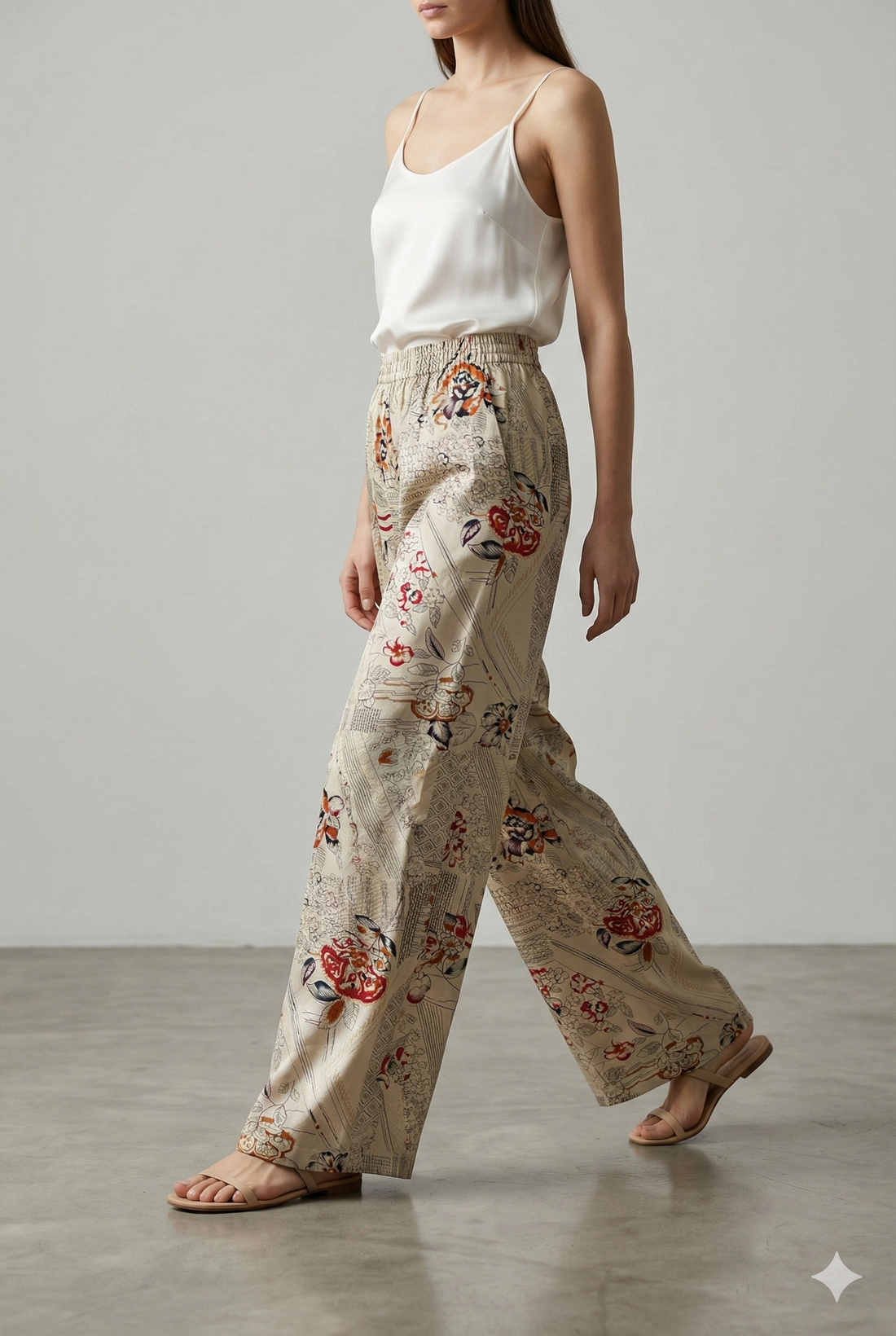 Ivory Floral Printed Cotton Palazzo with Elastic Waist - 26263
