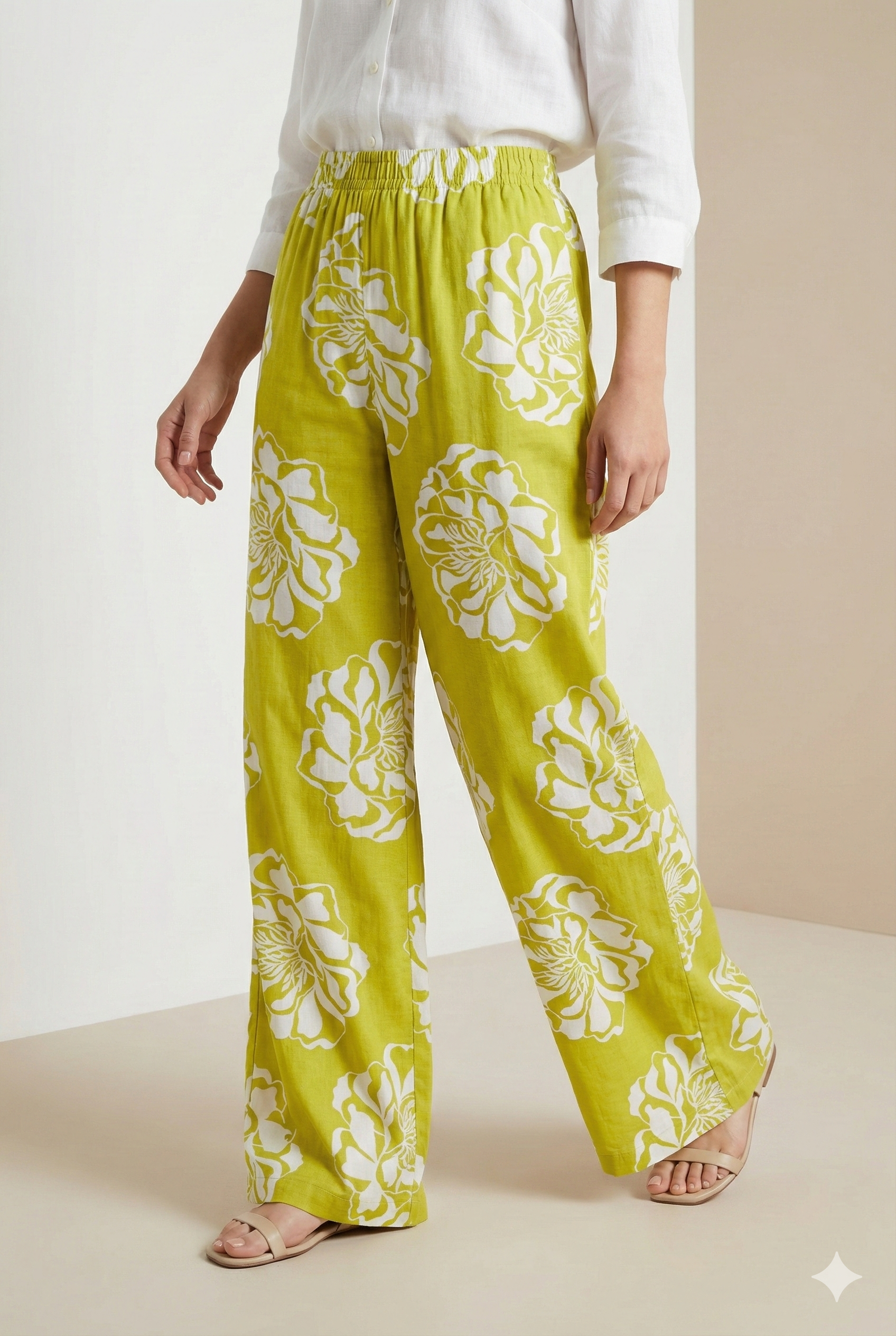 Olive Green Floral Printed Cotton Palazzo - 26354