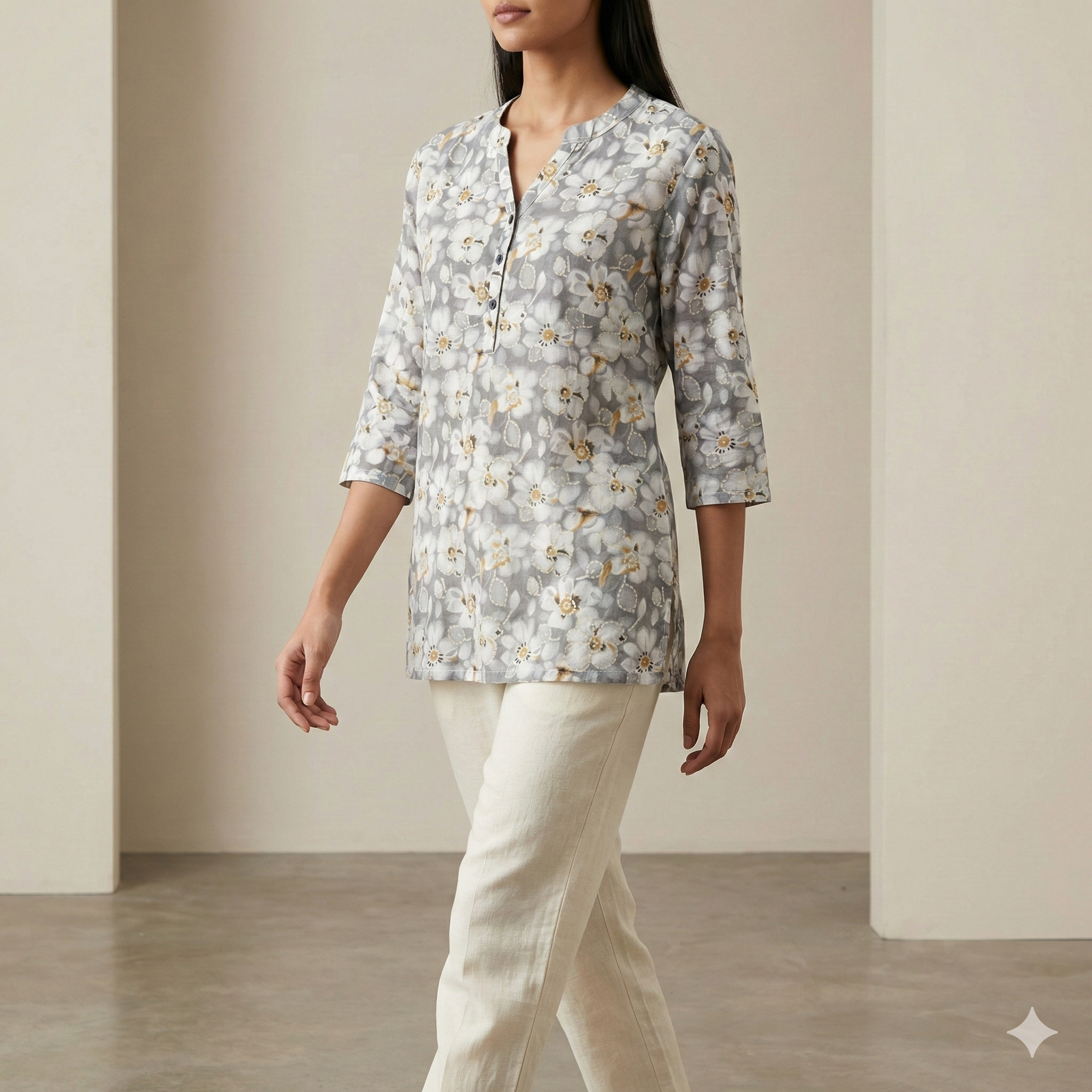 Grey Floral Printed Women’s Short Kurti - 25357