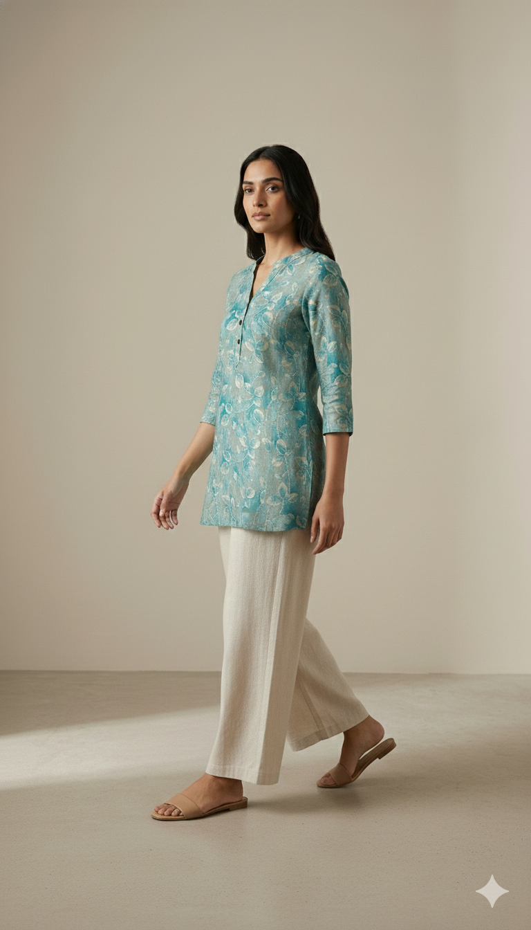 Aqua Green Leaf-Print Hip-Length Kurti with V-Notch Neckline & 3/4 Sleeves - 26186