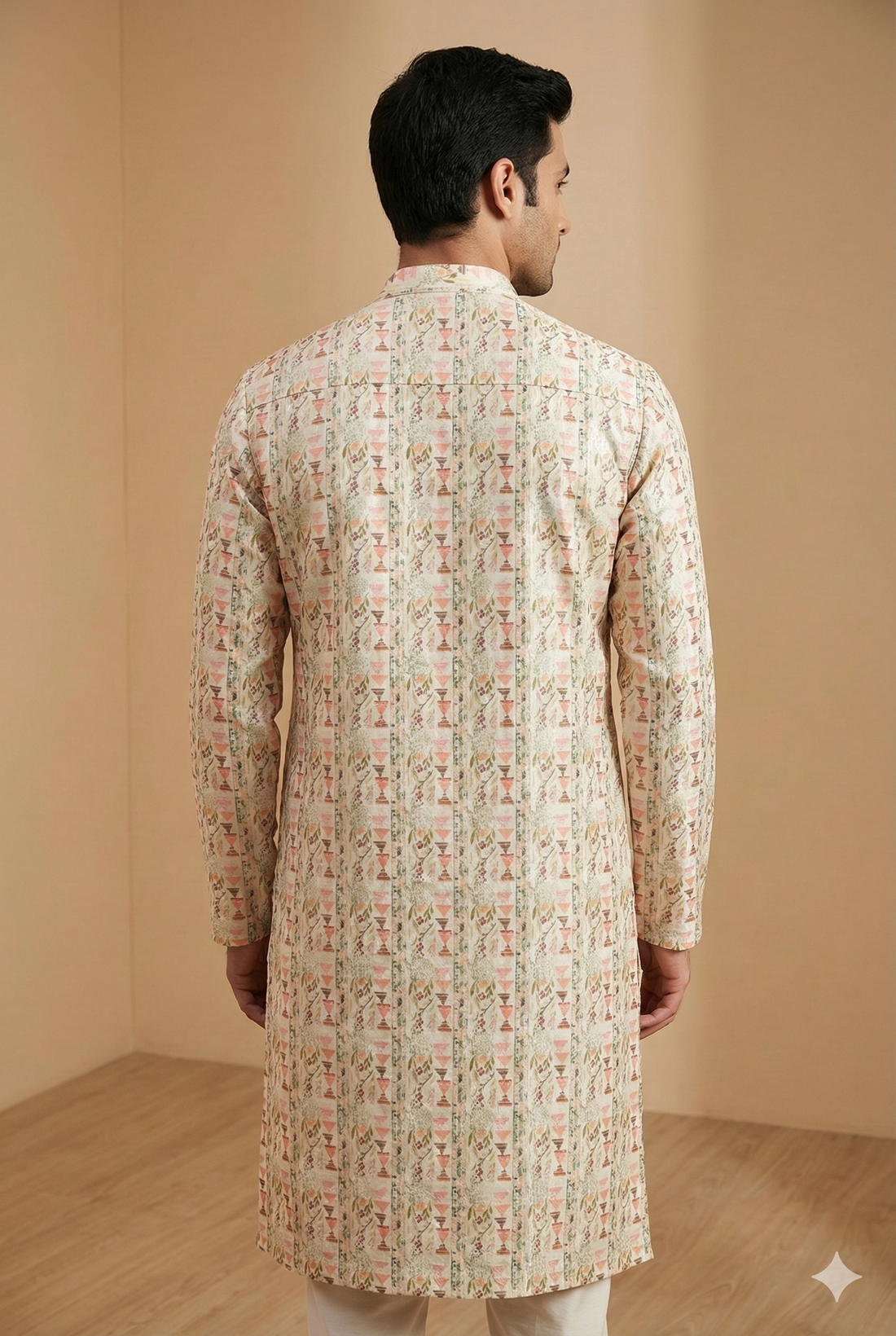 Men’s Ivory Peach Printed Kurta Pajama - 26397