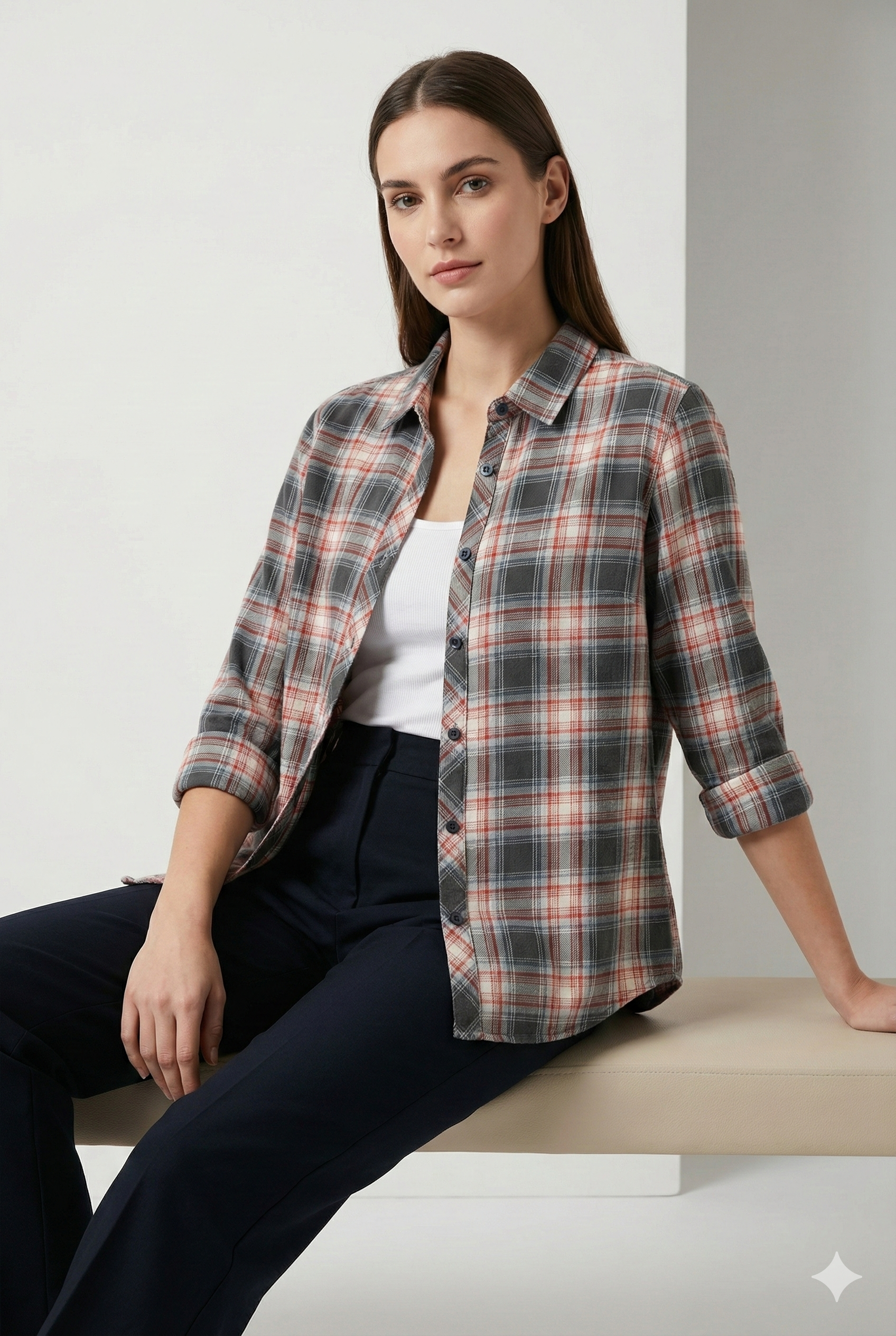 Women’s Soft Cotton Checkered Casual Shirt – Red, Grey & White Plaid - 25225
