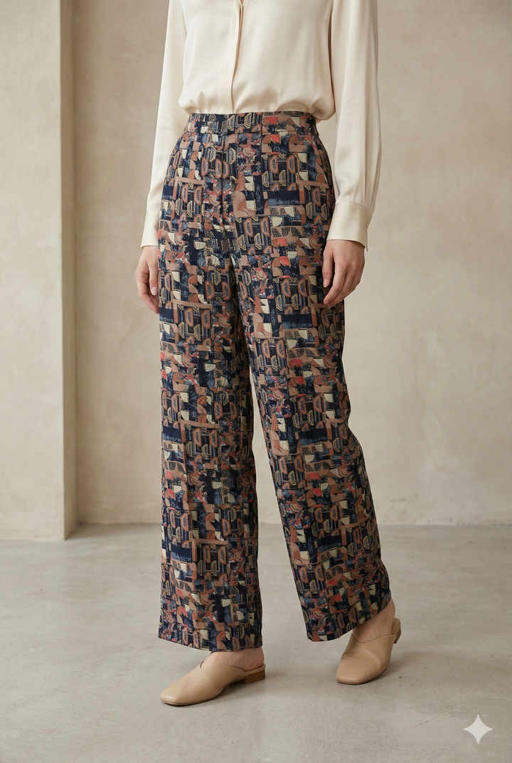 Women’s Printed Palazzo Pants with Elastic Waistband – Navy - 26262