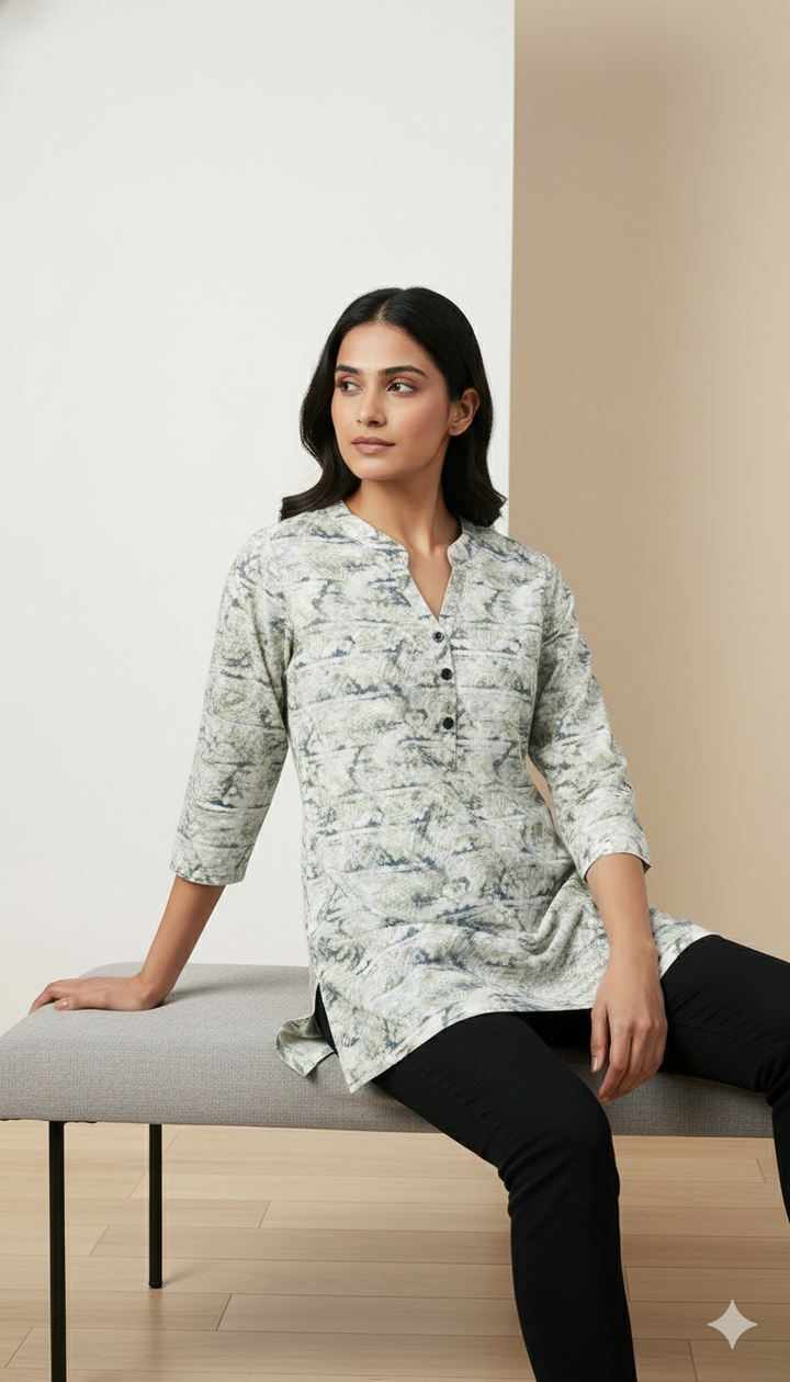 Women’s Soft V-Notch Neck Printed Hip-Length Kurti with 3/4 Sleeves – Green & White Abstract Pattern - 26209