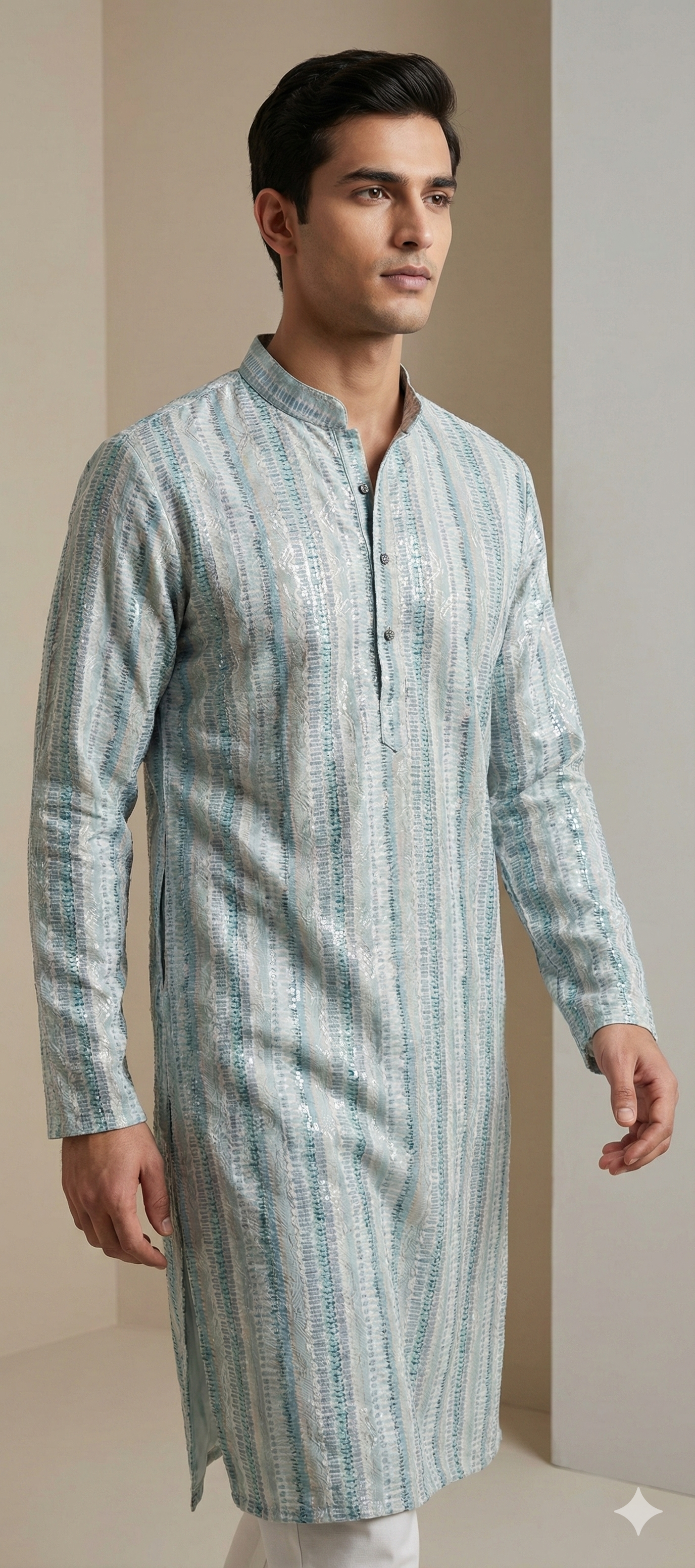 Pastel Blue Sequence Stone Work Textured Kurta Pajama for Men - 26415