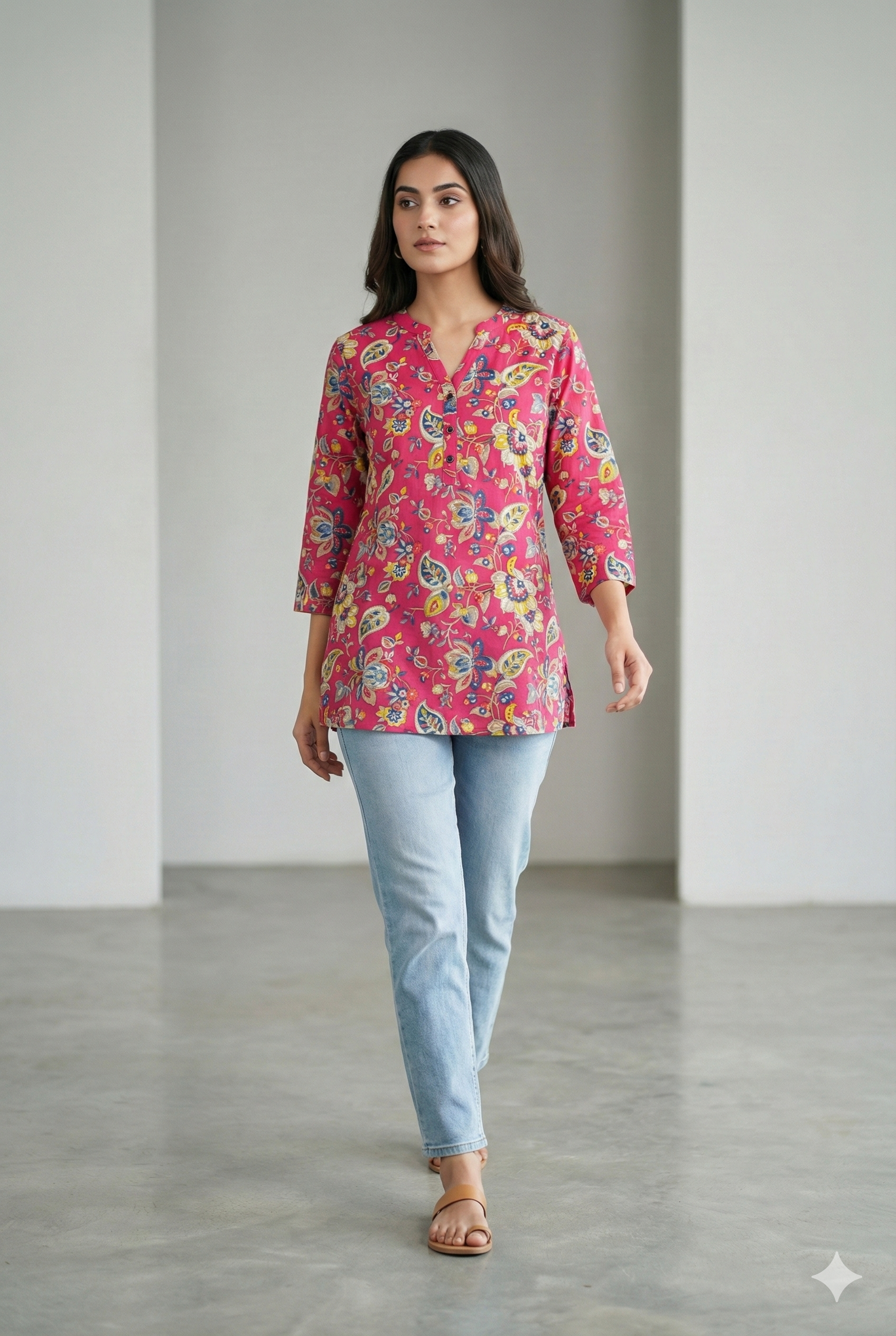 Vibrant Pink Floral Printed 3/4 Sleeve Hip-Length Kurti with V-Notch Neckline - 26194