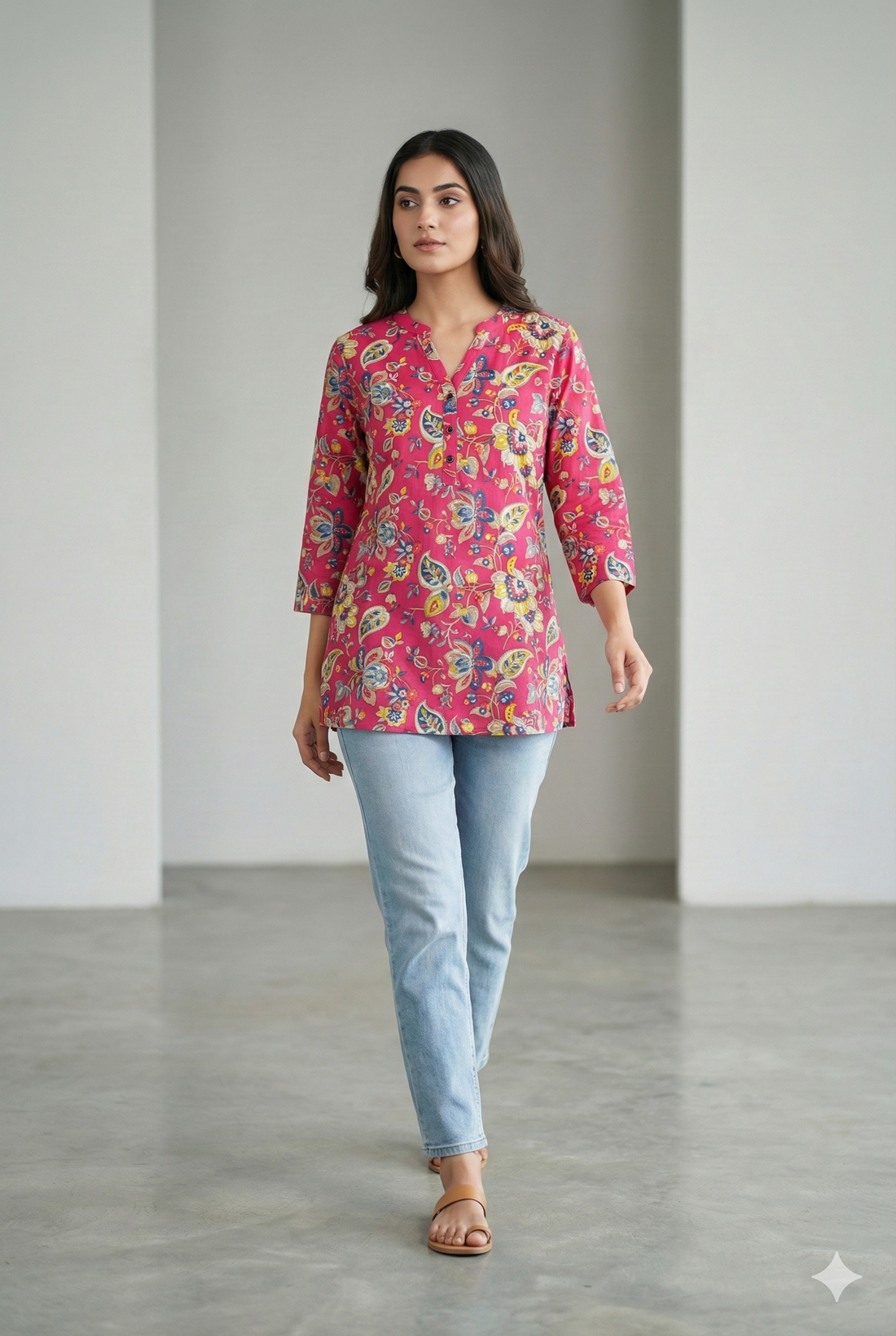 Vibrant Pink Floral Printed 3/4 Sleeve Hip-Length Kurti with V-Notch Neckline - 26194