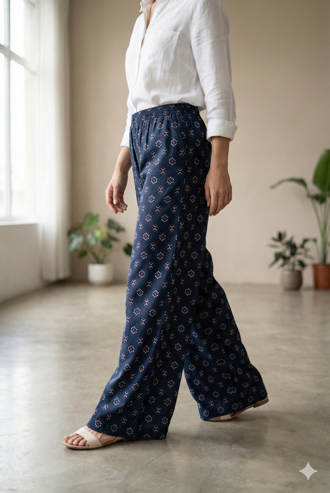 Navy Blue Geometric Printed Cotton Palazzo - 26353